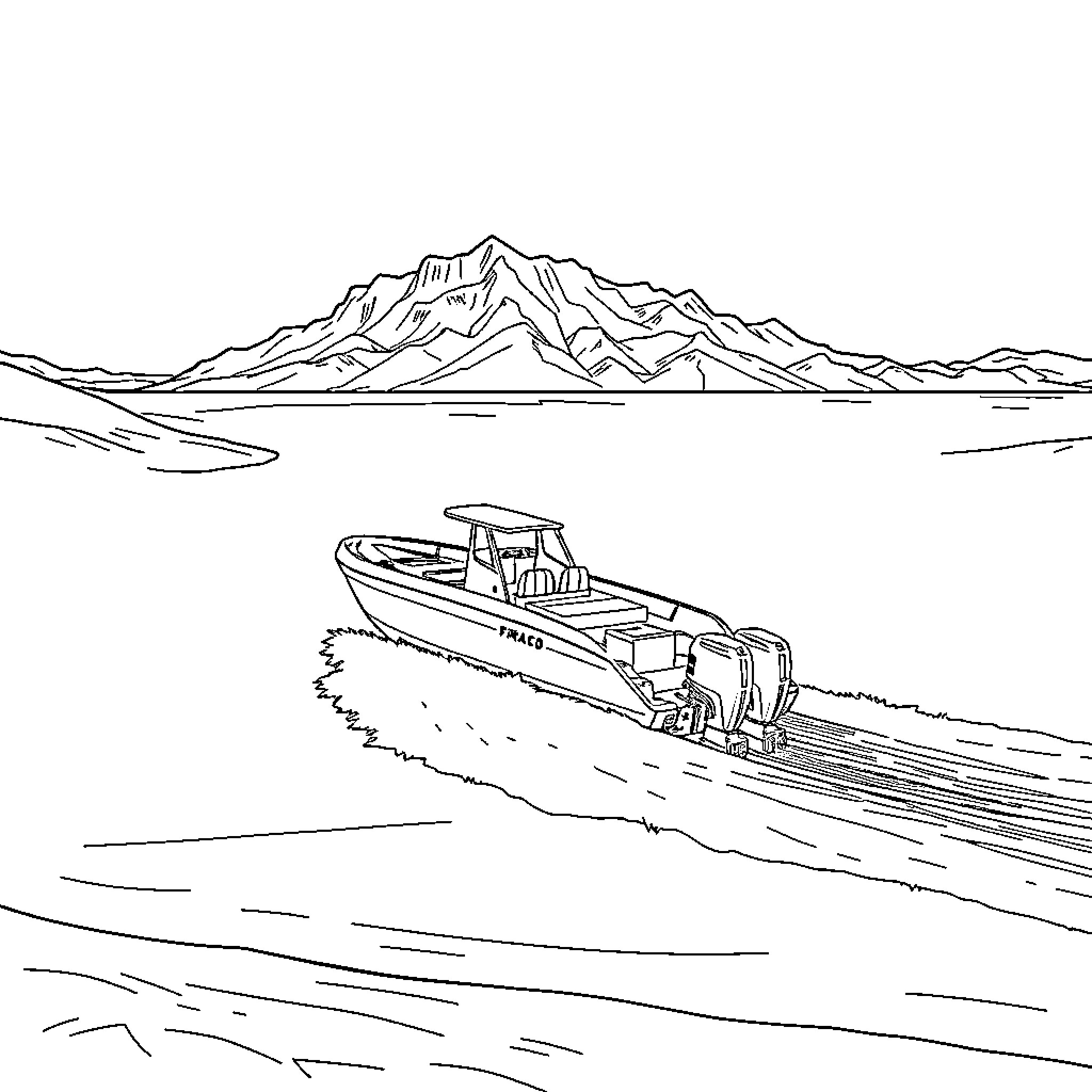 Boat speeding across the lake near snowy mountains Coloring Page (free black-and-white line drawing printable PDF for all, from beginners to advanced learners, including children, teens, adults, and seniors)