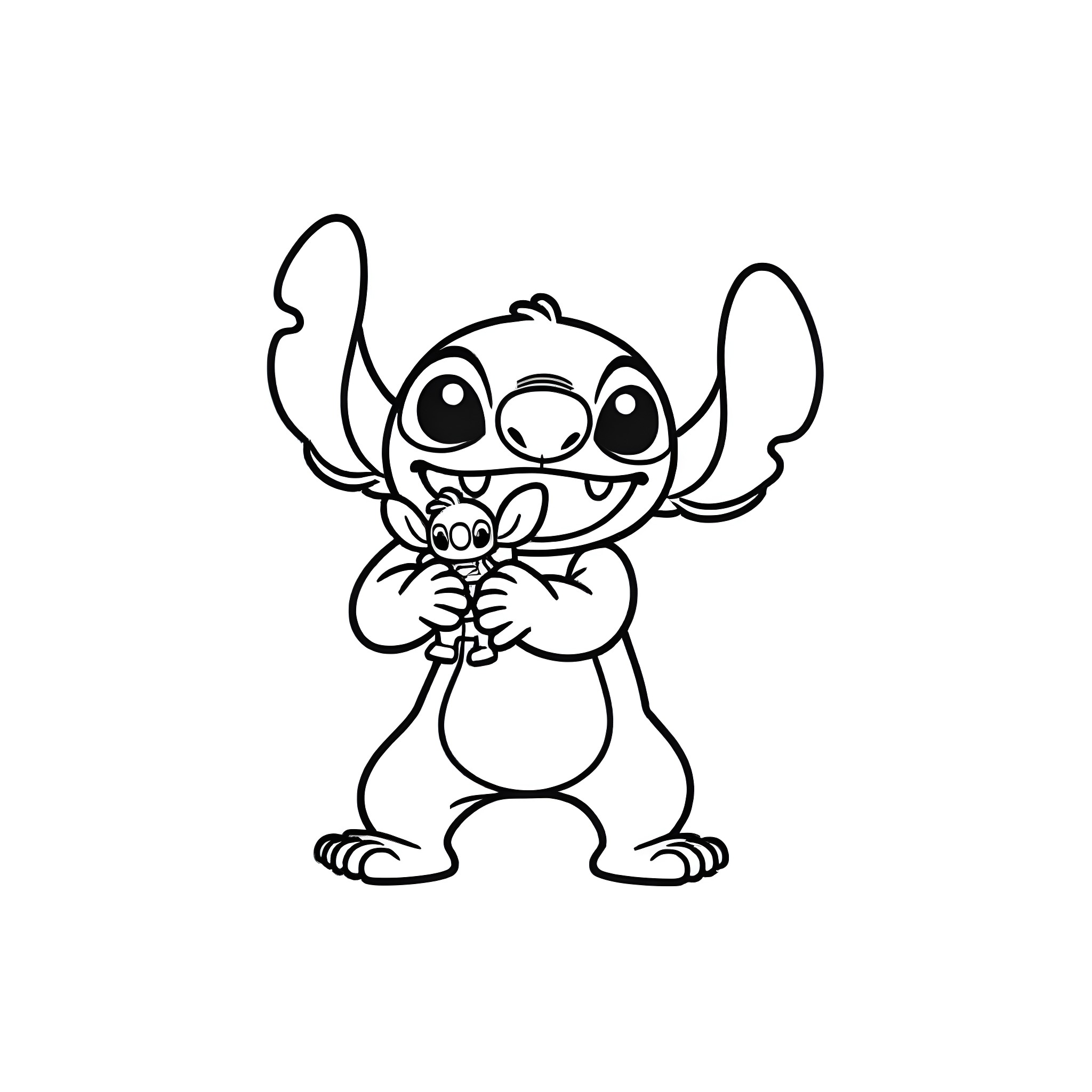 Stitch holding a flower with a cheerful expression Coloring Page (free black-and-white line drawing printable PDF for all, from beginners to advanced learners, including children, teens, adults, and seniors)