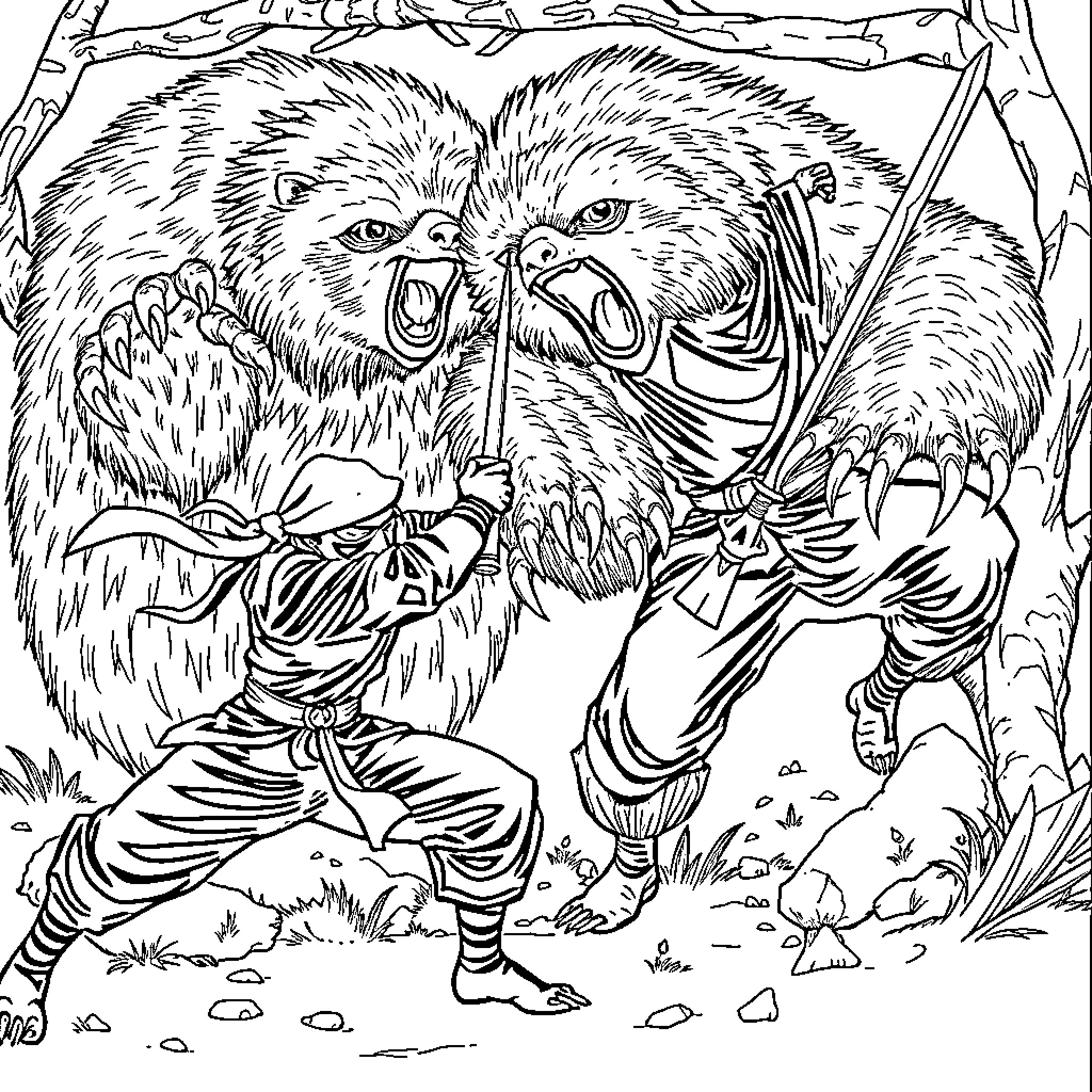 Ninja battling a fierce creature in the forest Coloring Page (free black-and-white line drawing printable PDF for all, from beginners to advanced learners, including children, teens, adults, and seniors)