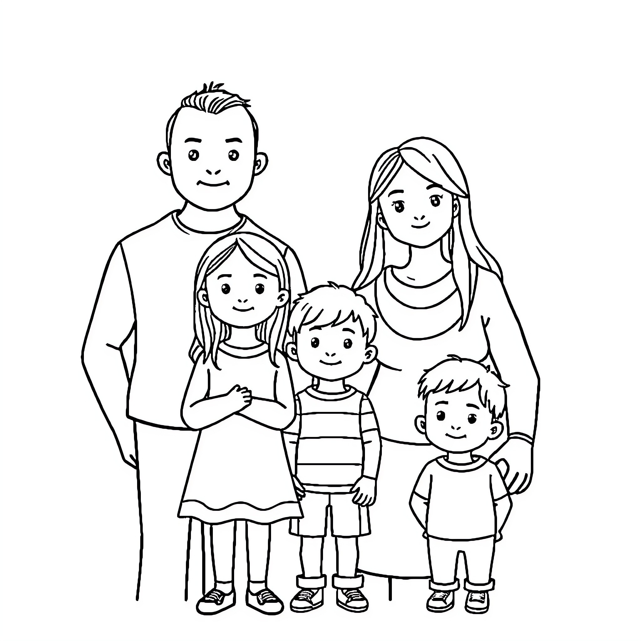 Family Posing Together Happily Coloring Page (free black-and-white line drawing printable PDF for all, from beginners to advanced learners, including children, teens, adults, and seniors)