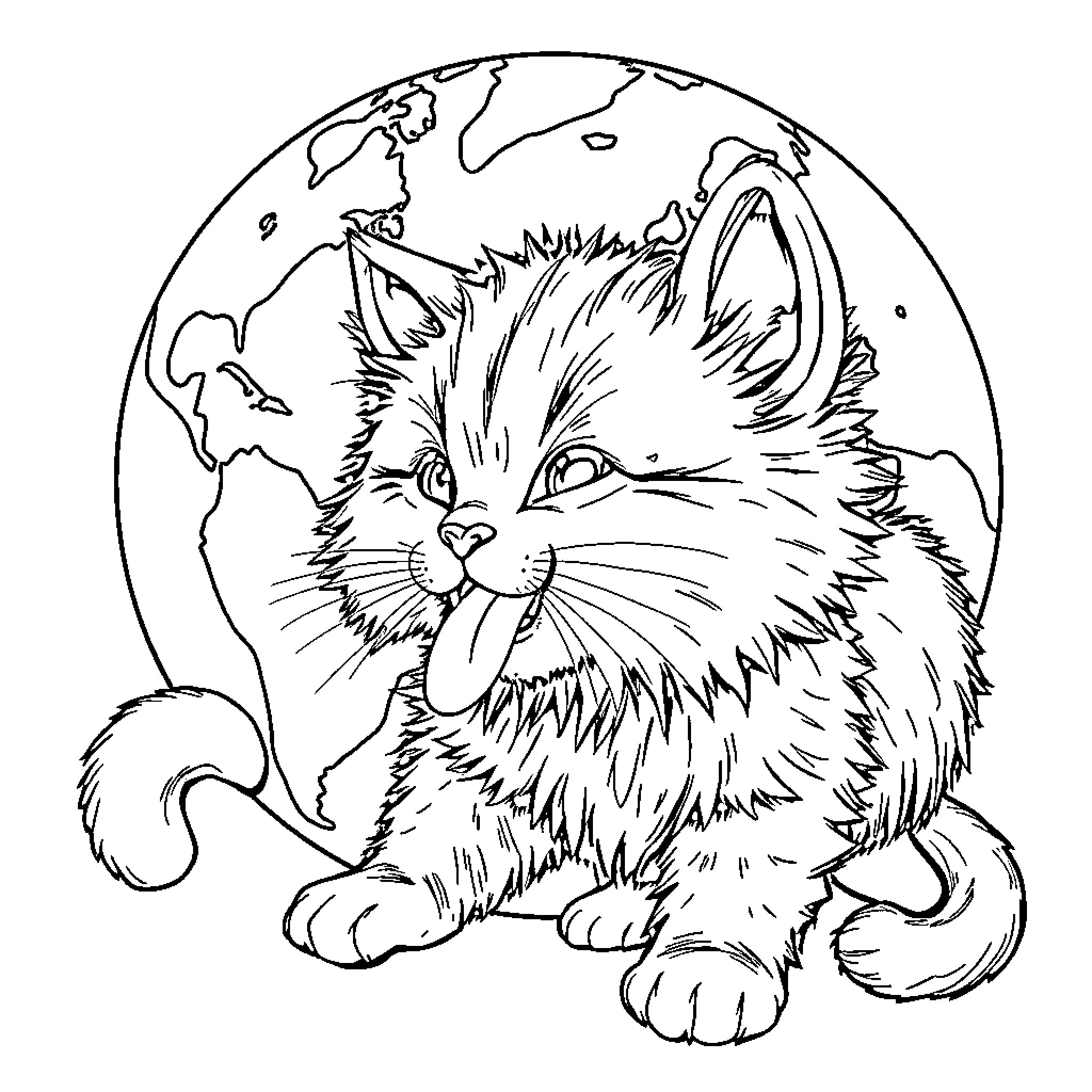 Kitten exploring the globe Coloring Page (free black-and-white line drawing printable PDF for all, from beginners to advanced learners, including children, teens, adults, and seniors)