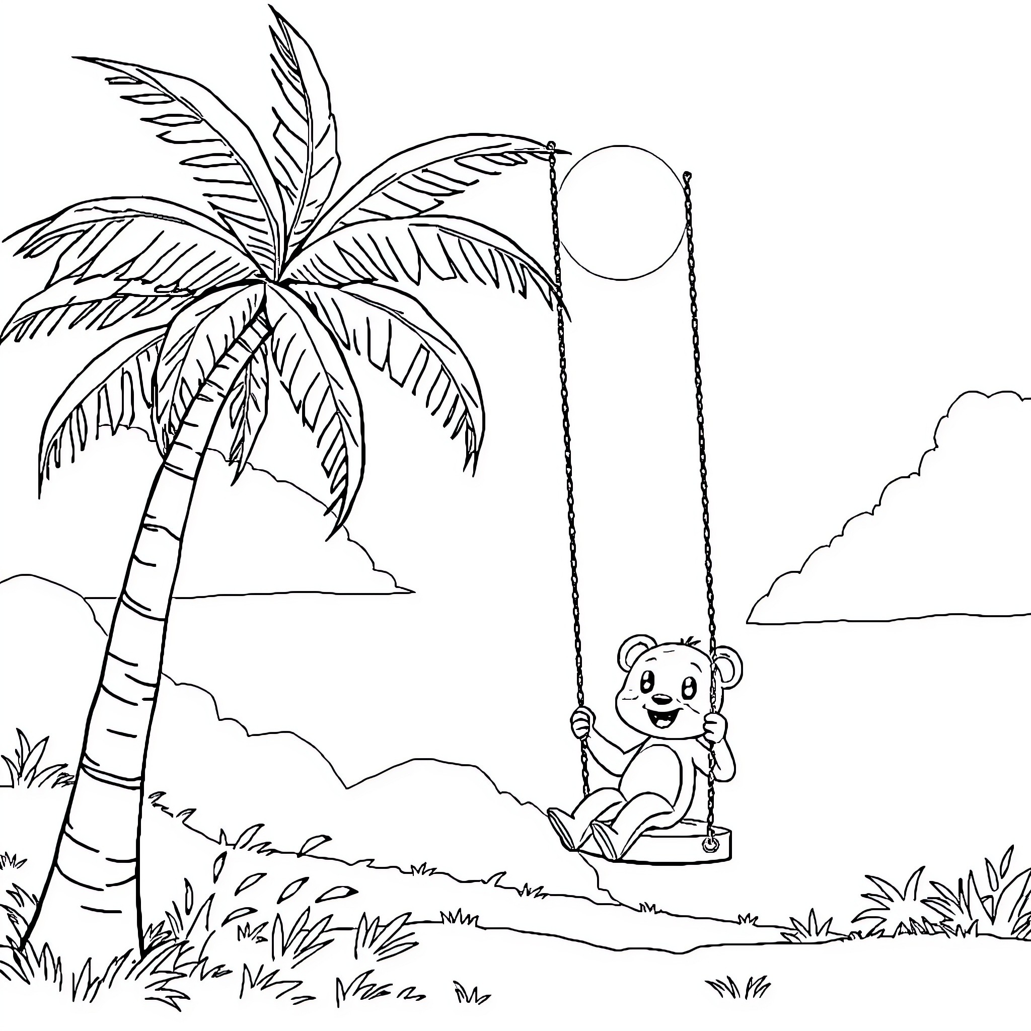 Bluey playing happily on a swing under a palm tree Coloring Page (free black-and-white line drawing printable PDF for all, from beginners to advanced learners, including children, teens, adults, and seniors)