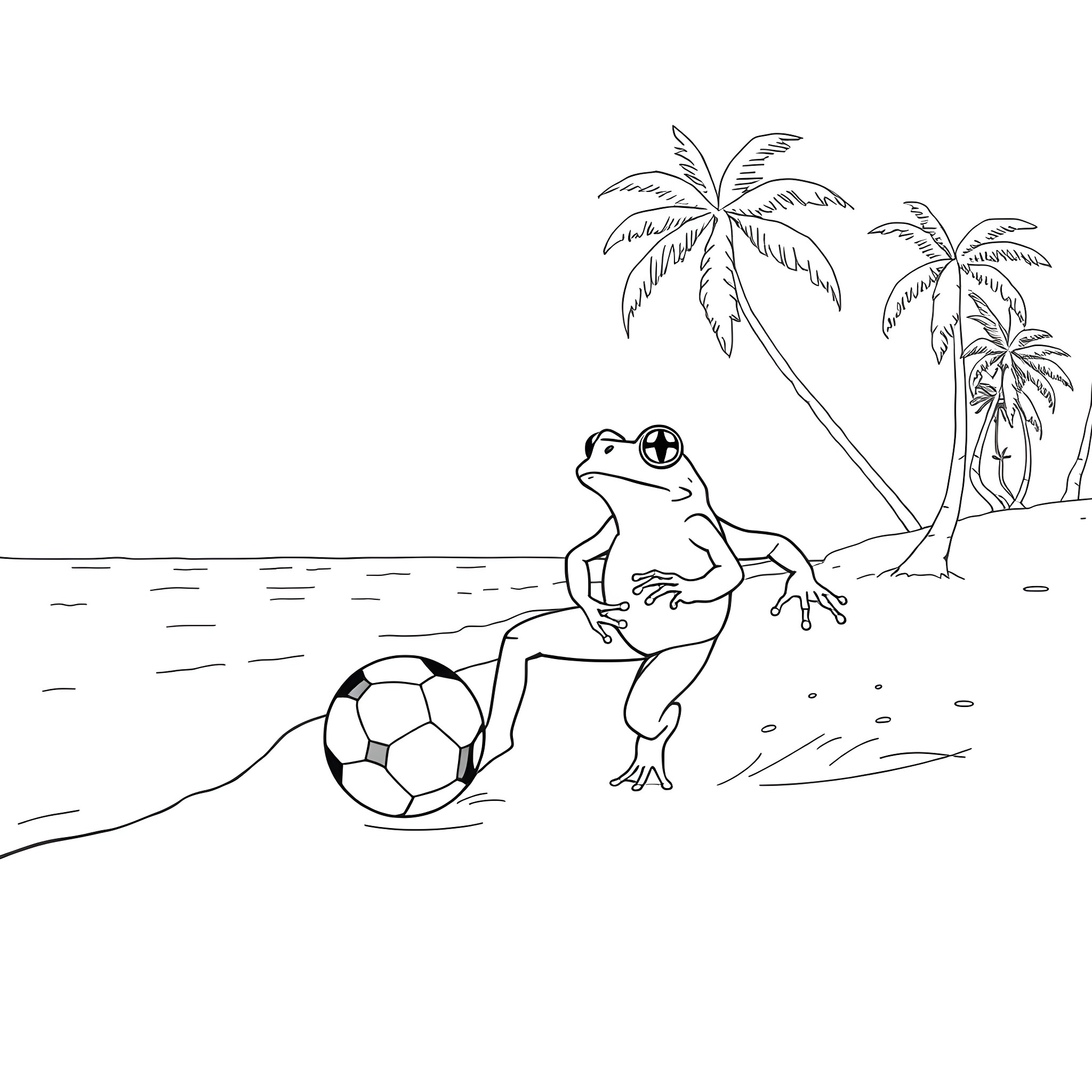Frog playing with soccer ball on tropical beach Coloring Page (free black-and-white line drawing printable PDF for all, from beginners to advanced learners, including children, teens, adults, and seniors)