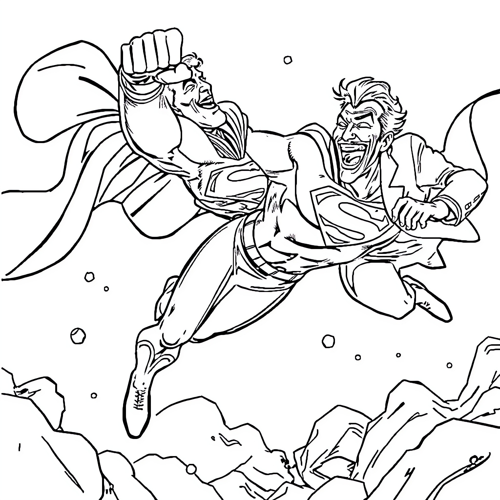 Superman soaring through the air with heroic determination Coloring Page (free black-and-white line drawing printable PDF for all, from beginners to advanced learners, including children, teens, adults, and seniors)