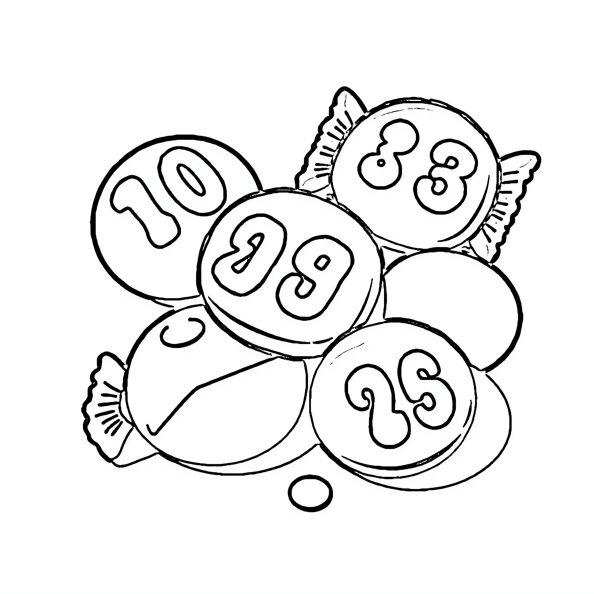 Candy numbers and shapes in a playful arrangement Coloring Page (free black-and-white line drawing printable PDF for all, from beginners to advanced learners, including children, teens, adults, and seniors)