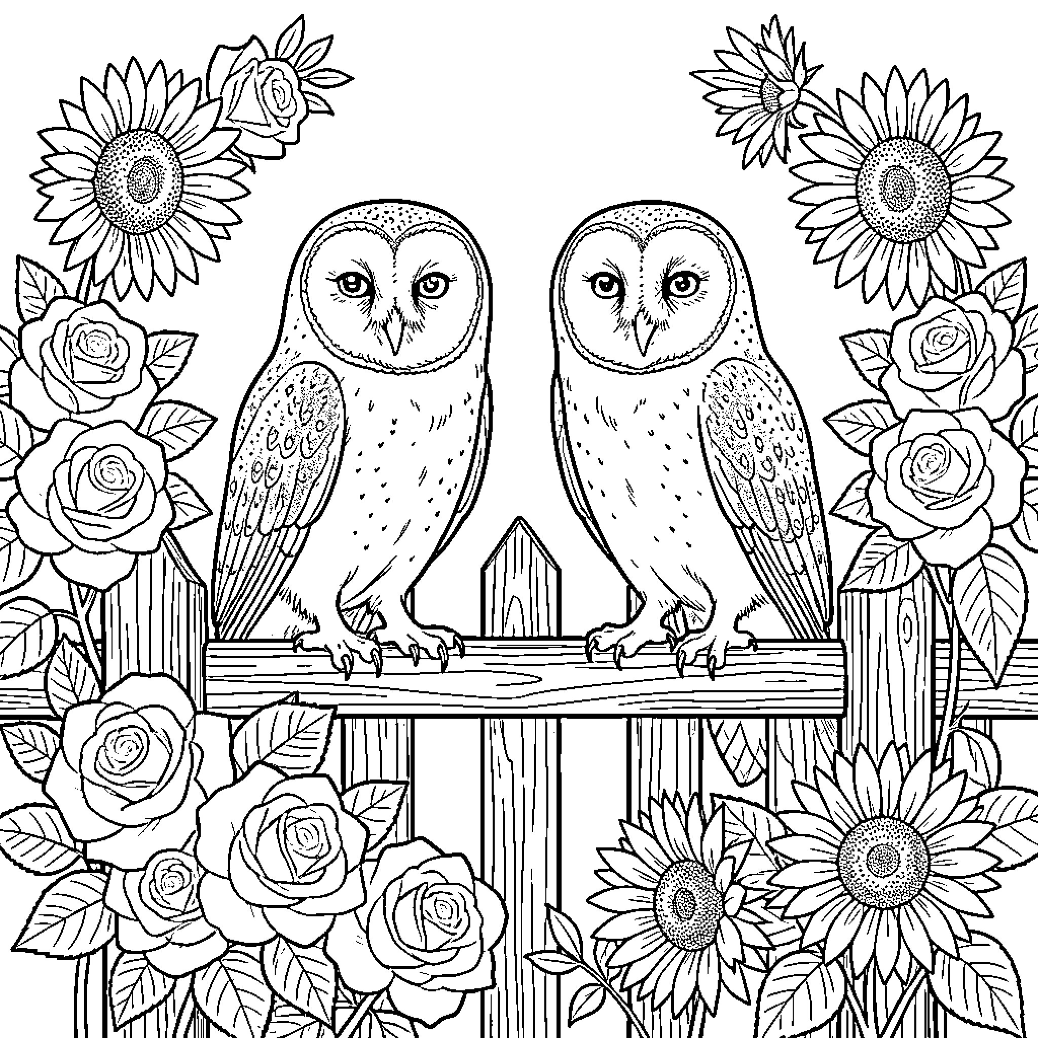Owl couple sitting on a wooden fence surrounded by flowers Coloring Page (free black-and-white line drawing printable PDF for all, from beginners to advanced learners, including children, teens, adults, and seniors)