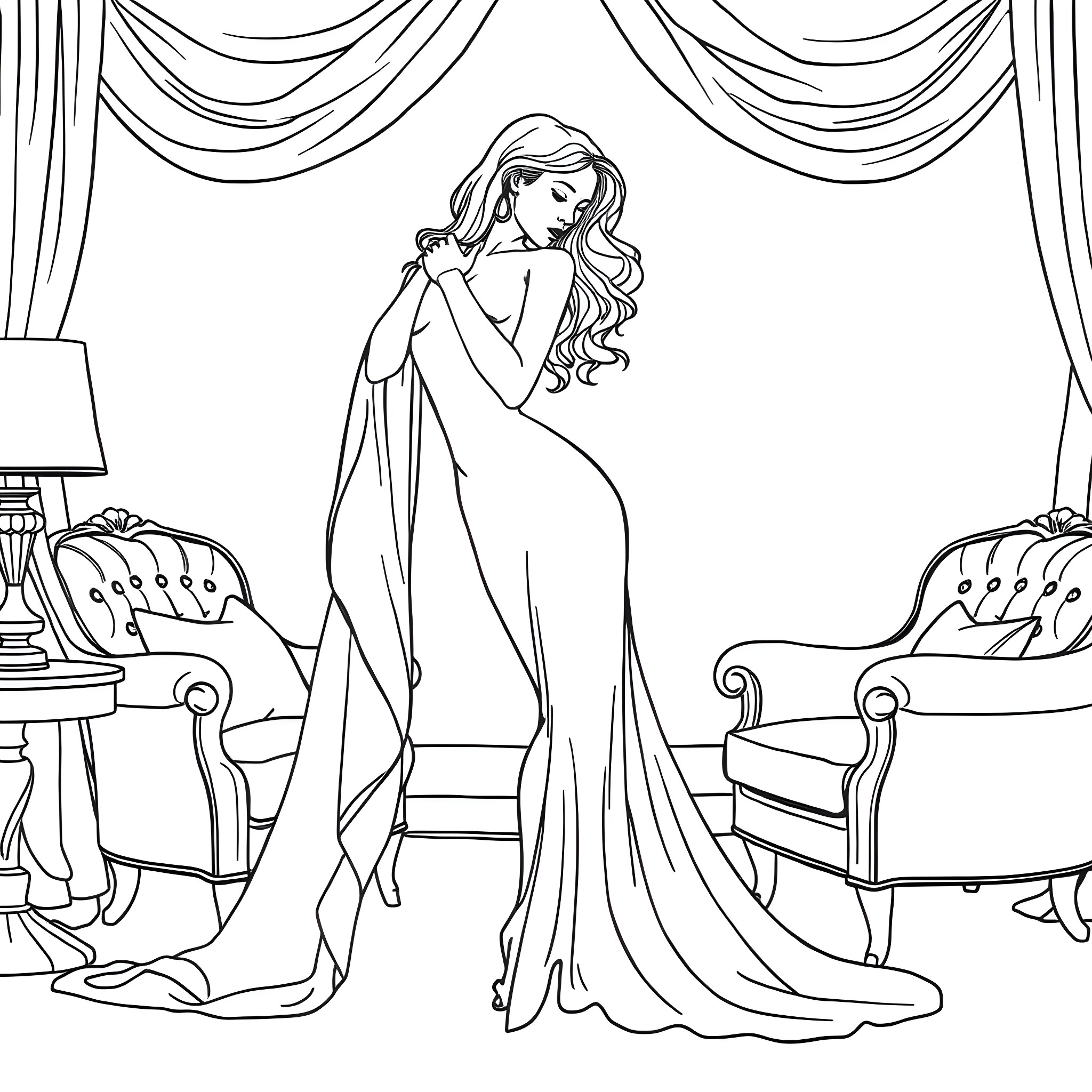 Wife in elegant gown posing in lavish room Coloring Page (free black-and-white line drawing printable PDF for all, from beginners to advanced learners, including children, teens, adults, and seniors)