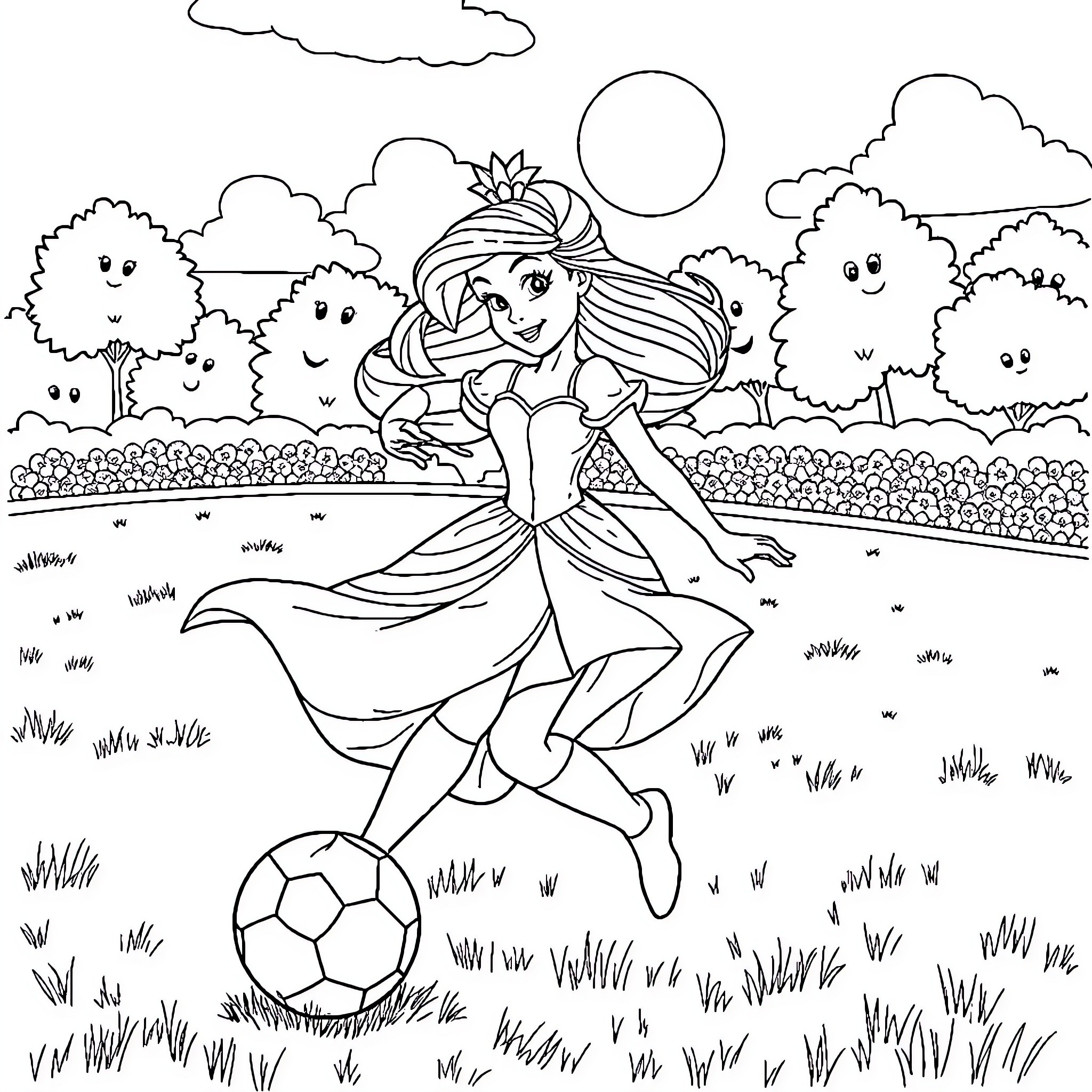 Disney Princess kicking a soccer ball in a park Coloring Page (free black-and-white line drawing printable PDF for all, from beginners to advanced learners, including children, teens, adults, and seniors)