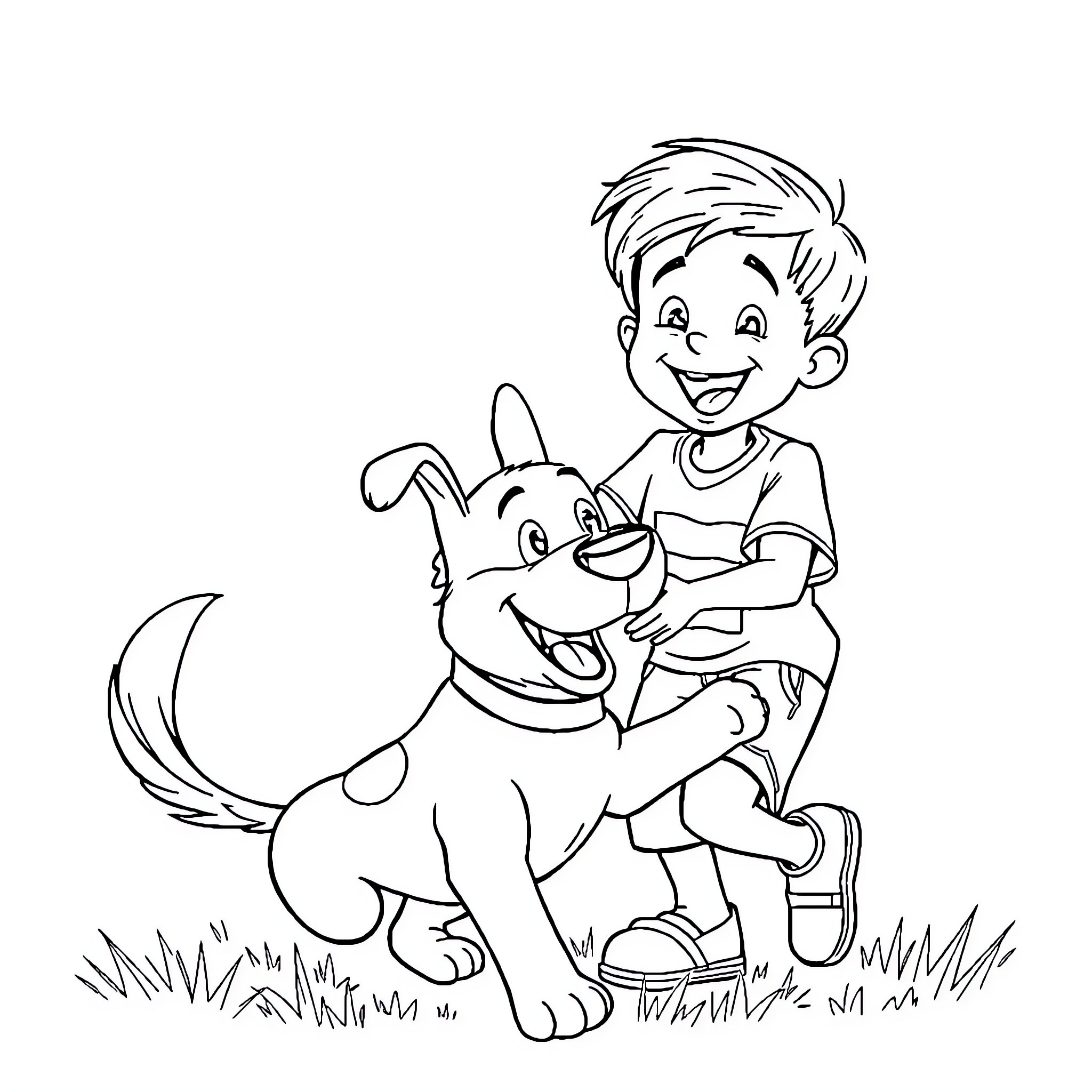 Dog Man Enjoying Playtime with His Best Friend Coloring Page (free black-and-white line drawing printable PDF for all, from beginners to advanced learners, including children, teens, adults, and seniors)