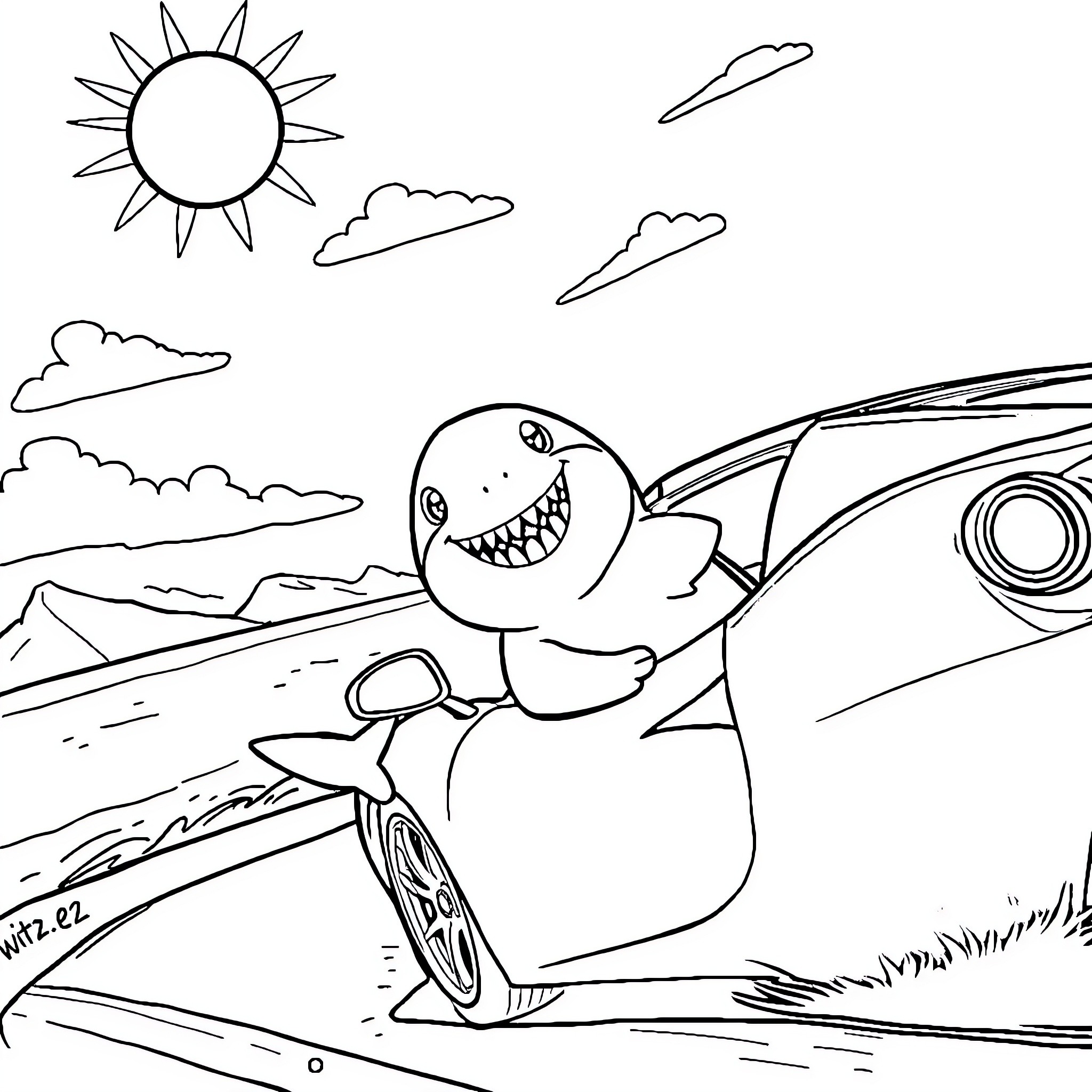 Baby Shark riding happily on motorcycle Coloring Page (free black-and-white line drawing printable PDF for all, from beginners to advanced learners, including children, teens, adults, and seniors)