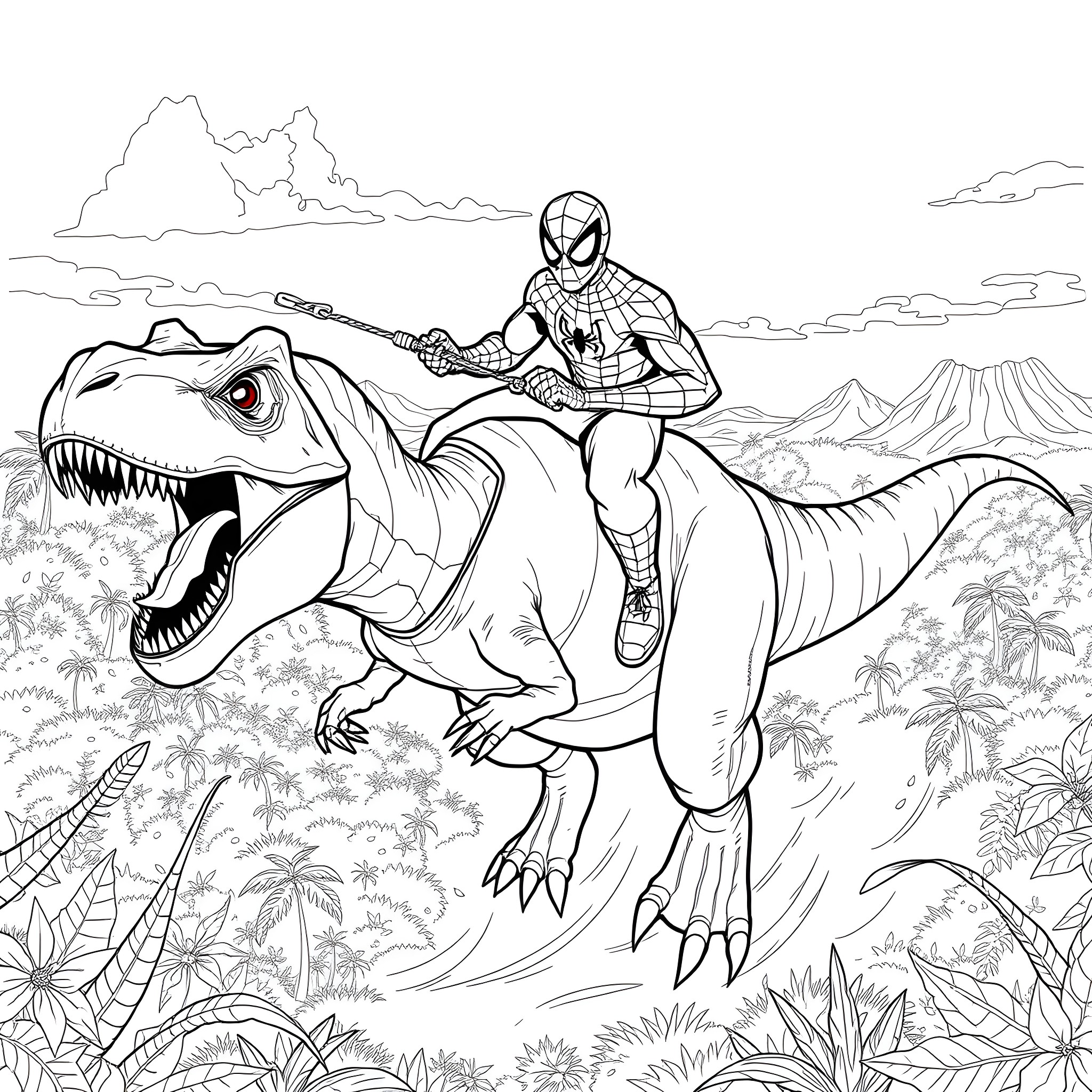 Spider-Man riding a fierce dinosaur in a prehistoric landscape Coloring Page (free black-and-white line drawing printable PDF for all, from beginners to advanced learners, including children, teens, adults, and seniors)