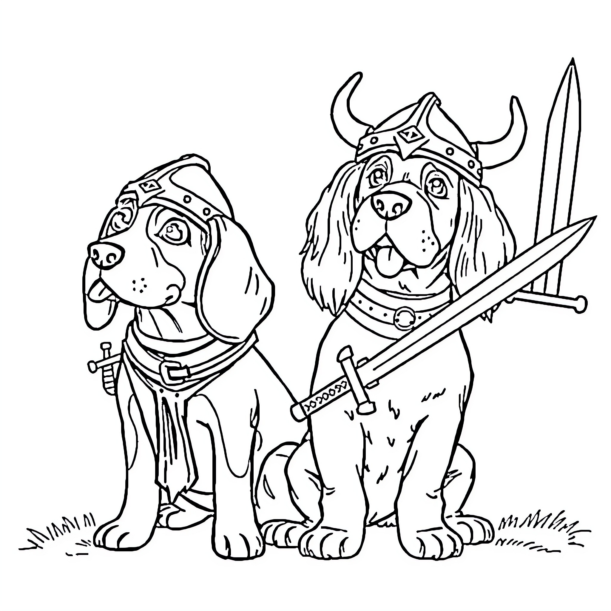 Dog warriors with helmets and swords Coloring Page (free black-and-white line drawing printable PDF for all, from beginners to advanced learners, including children, teens, adults, and seniors)