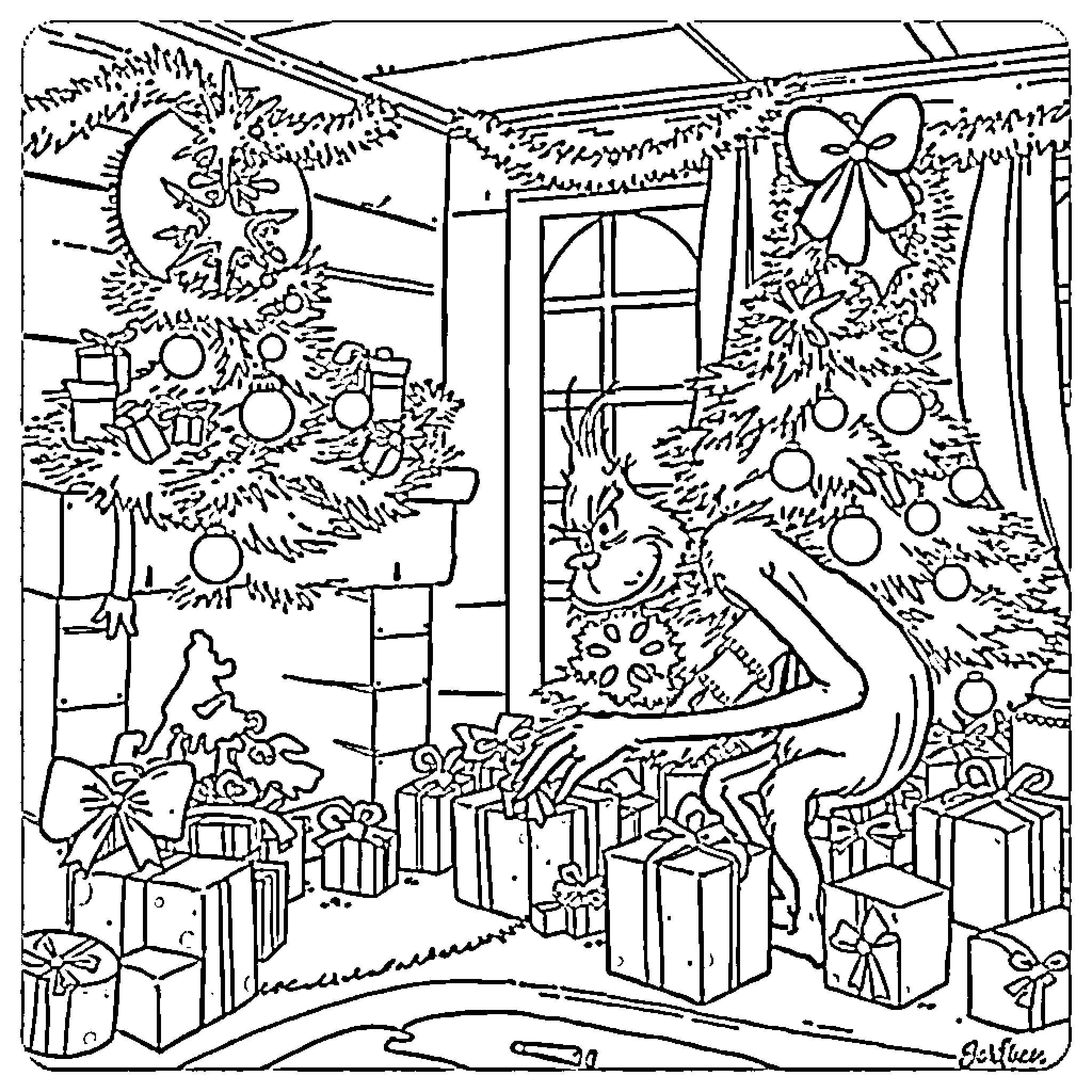 Grinch admiring decorated Christmas scene with gifts Coloring Page (free black-and-white line drawing printable PDF for all, from beginners to advanced learners, including children, teens, adults, and seniors)