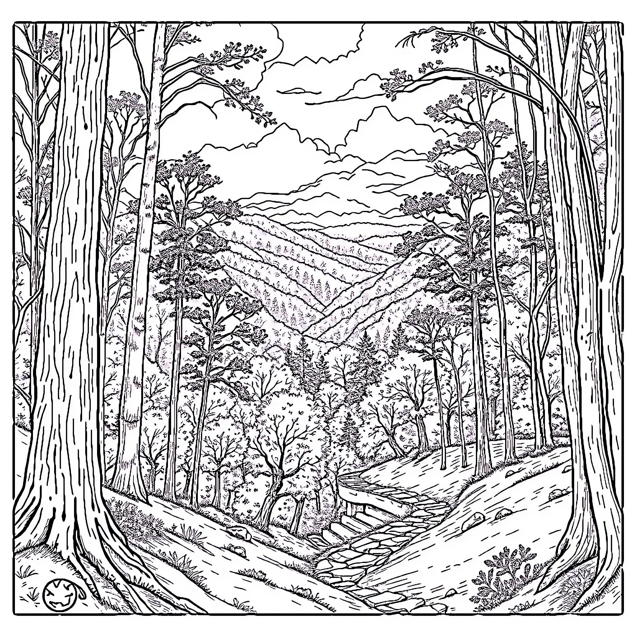 Hocking Hills scenic forest landscape Coloring Page (free black-and-white line drawing printable PDF for all, from beginners to advanced learners, including children, teens, adults, and seniors)