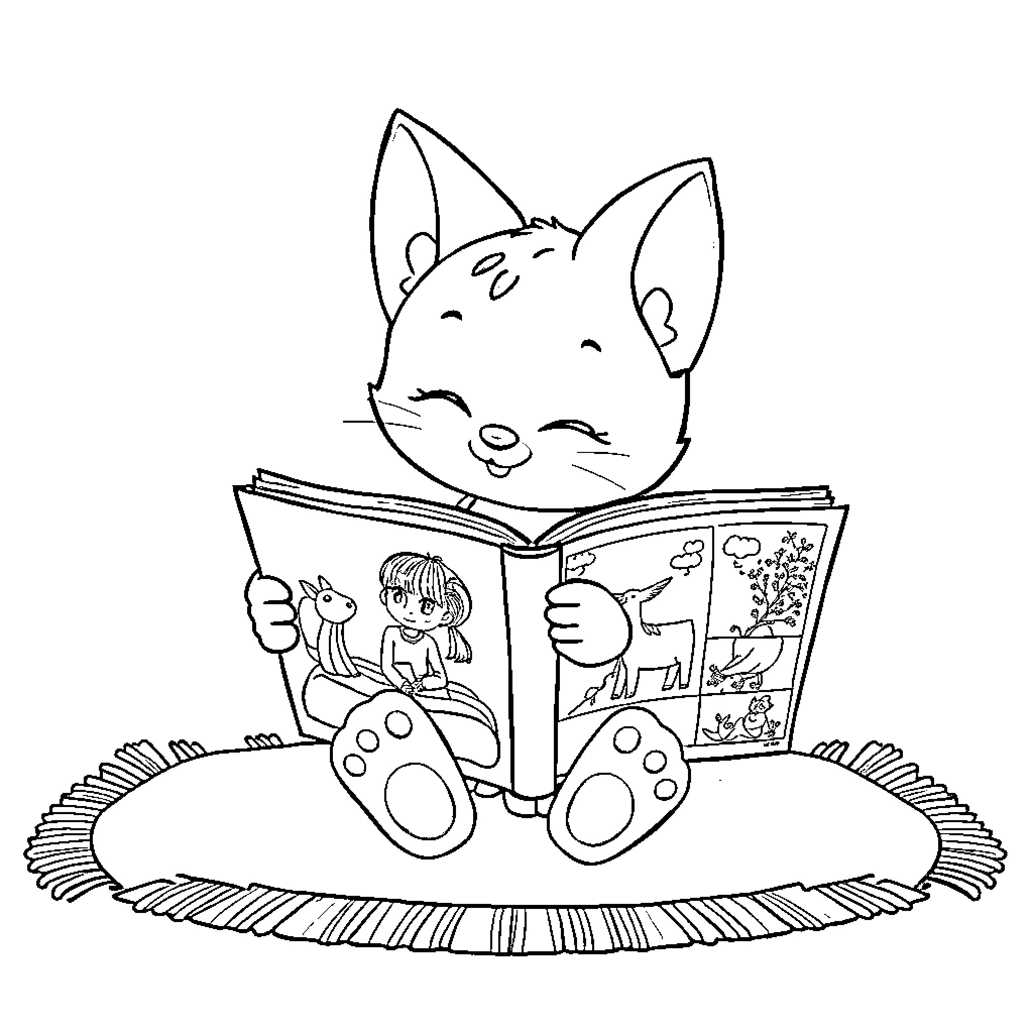 Bluey reading an adventure storybook happily Coloring Page (free black-and-white line drawing printable PDF for all, from beginners to advanced learners, including children, teens, adults, and seniors)