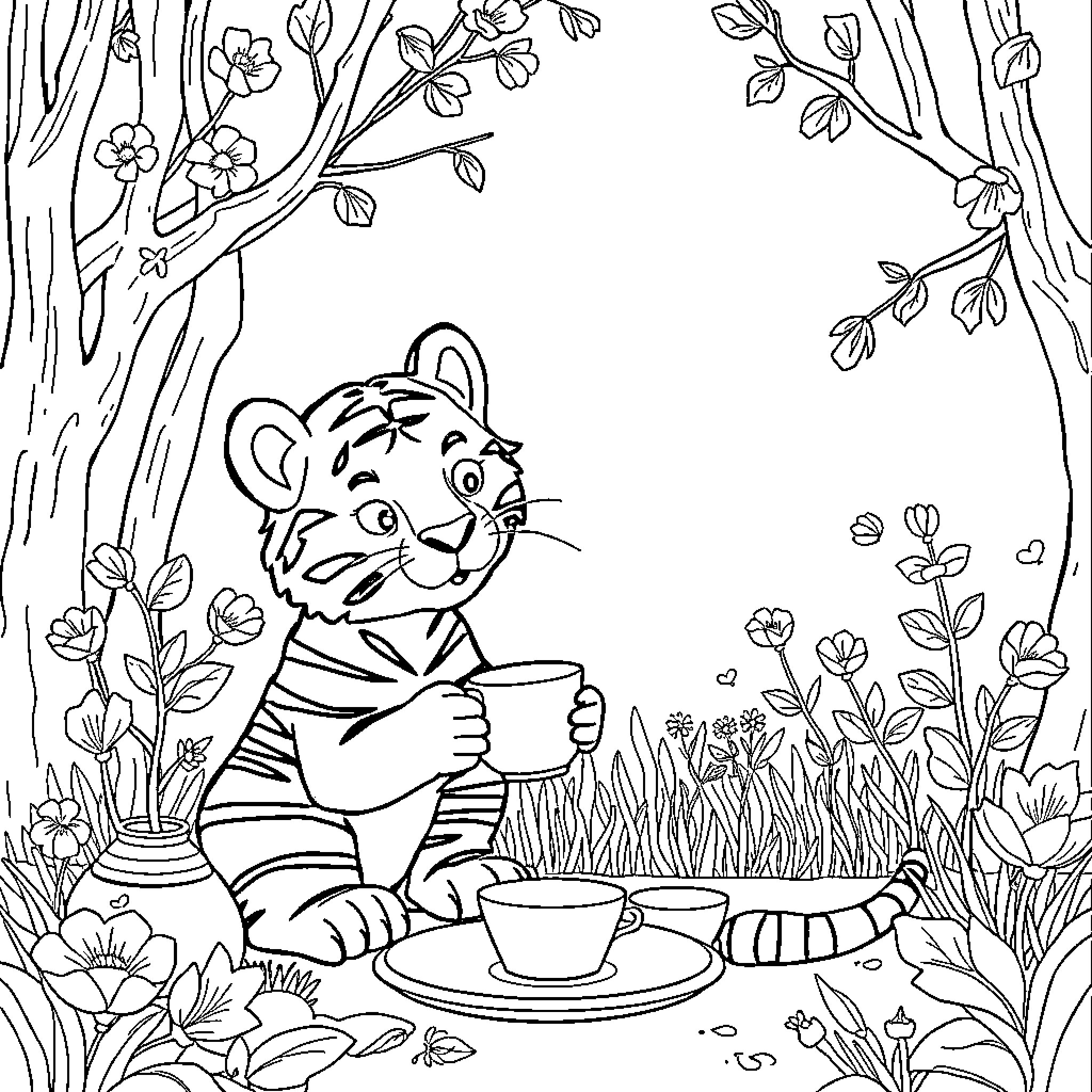 Tiger enjoying a warm drink in the spring forest Coloring Page (free black-and-white line drawing printable PDF for all, from beginners to advanced learners, including children, teens, adults, and seniors)
