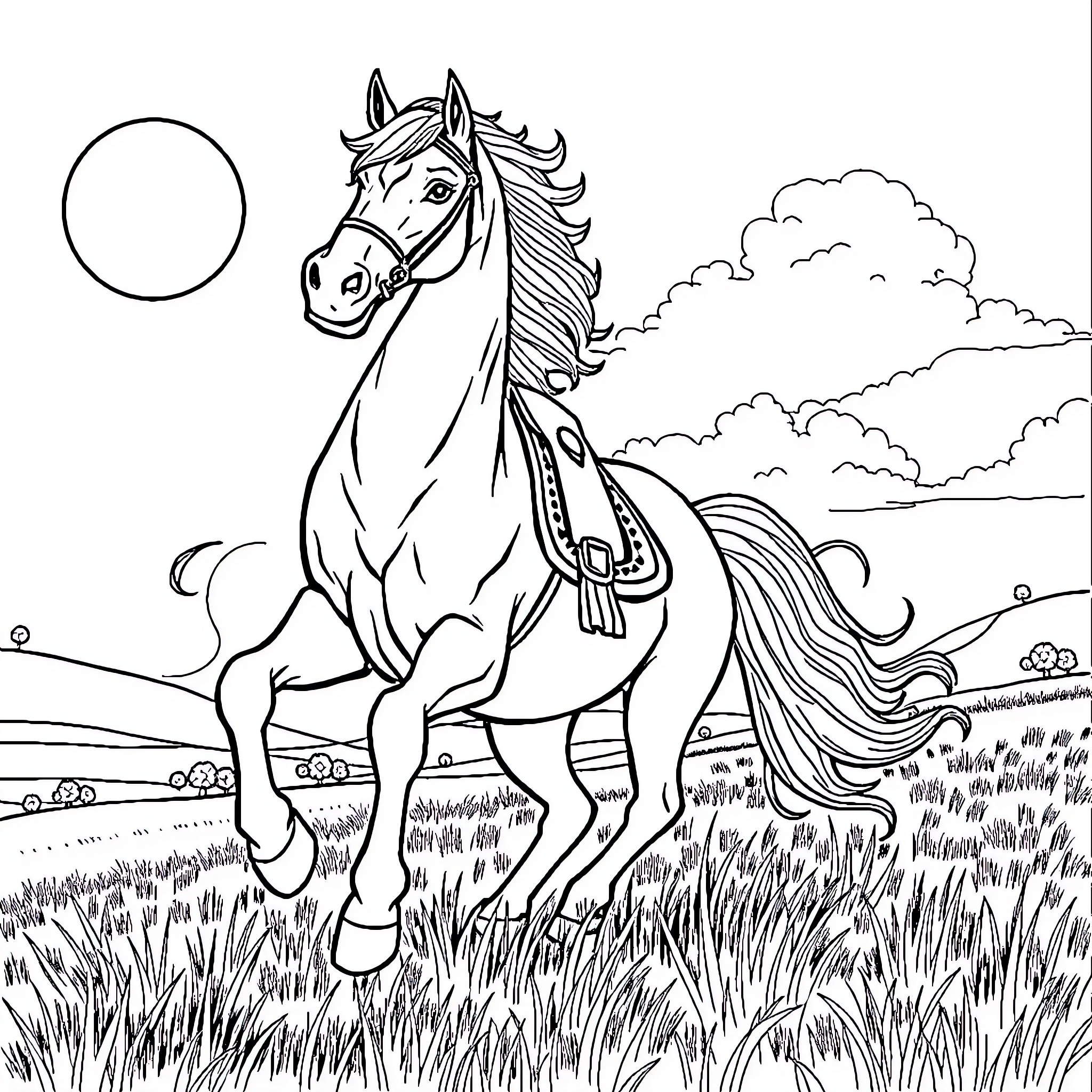 Labubu's energetic gallop through the countryside Coloring Page (free black-and-white line drawing printable PDF for all, from beginners to advanced learners, including children, teens, adults, and seniors)