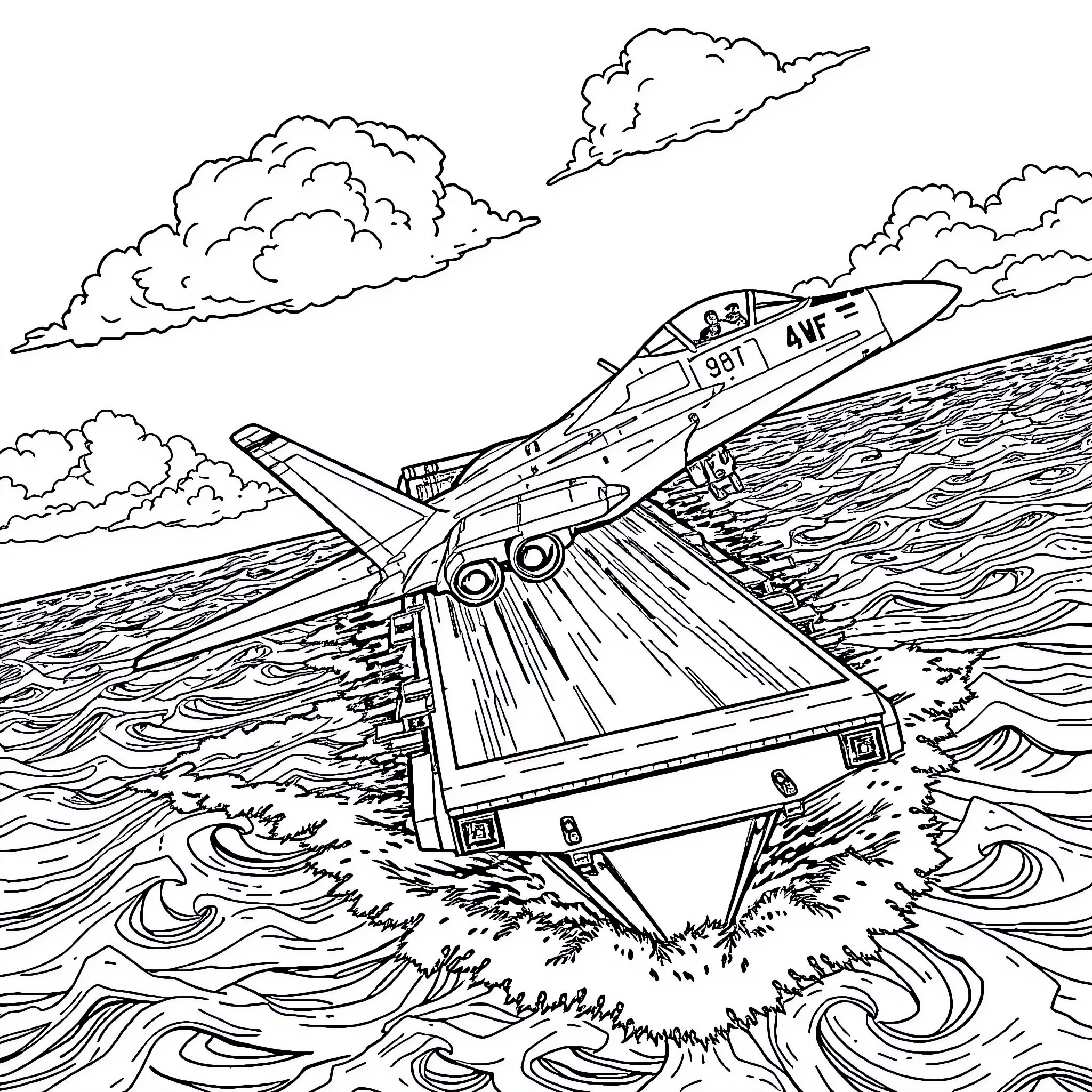 F-14 Tomcat soaring through stormy skies Coloring Page (free black-and-white line drawing printable PDF for all, from beginners to advanced learners, including children, teens, adults, and seniors)