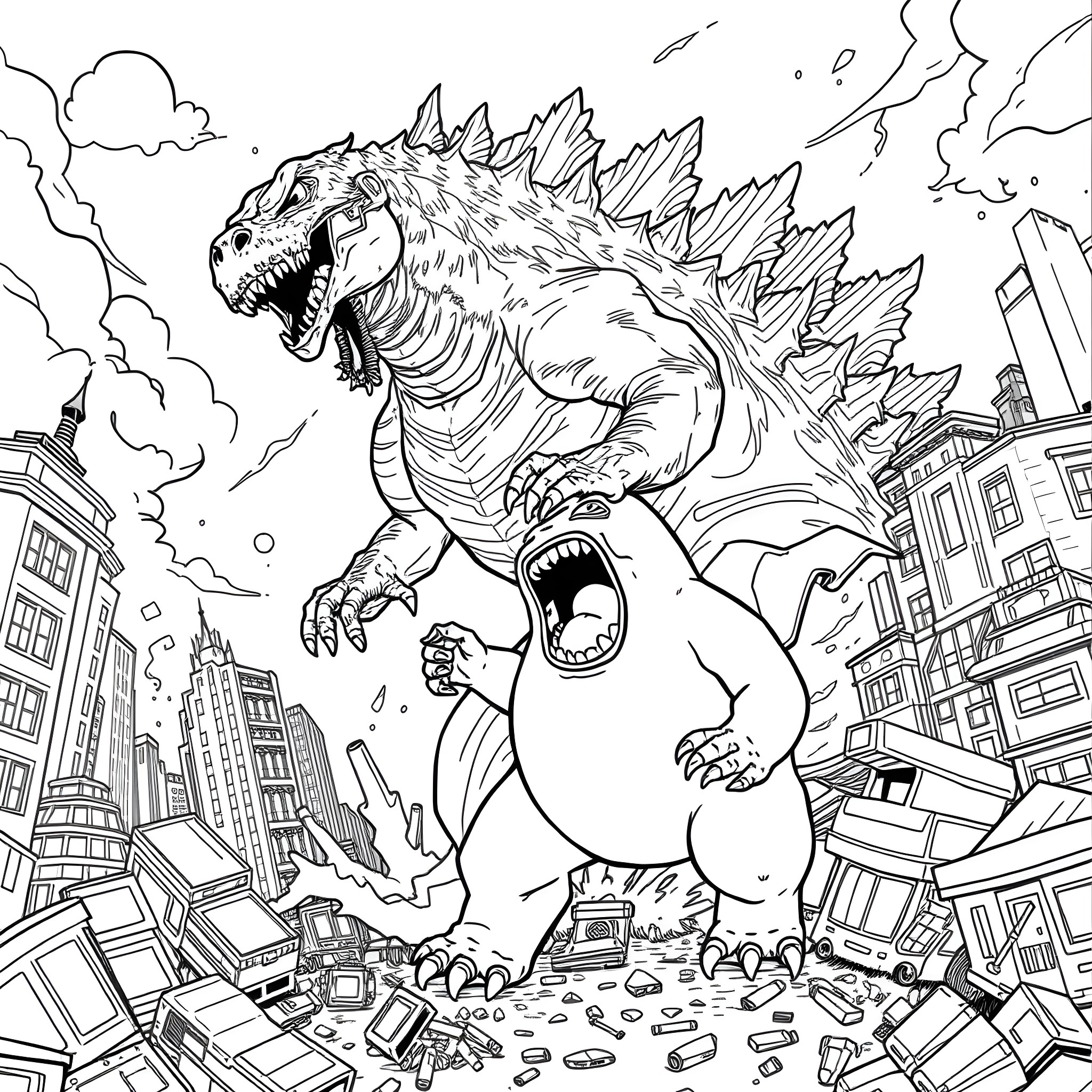 Godzilla rampaging through the city in destruction Coloring Page (free black-and-white line drawing printable PDF for all, from beginners to advanced learners, including children, teens, adults, and seniors)