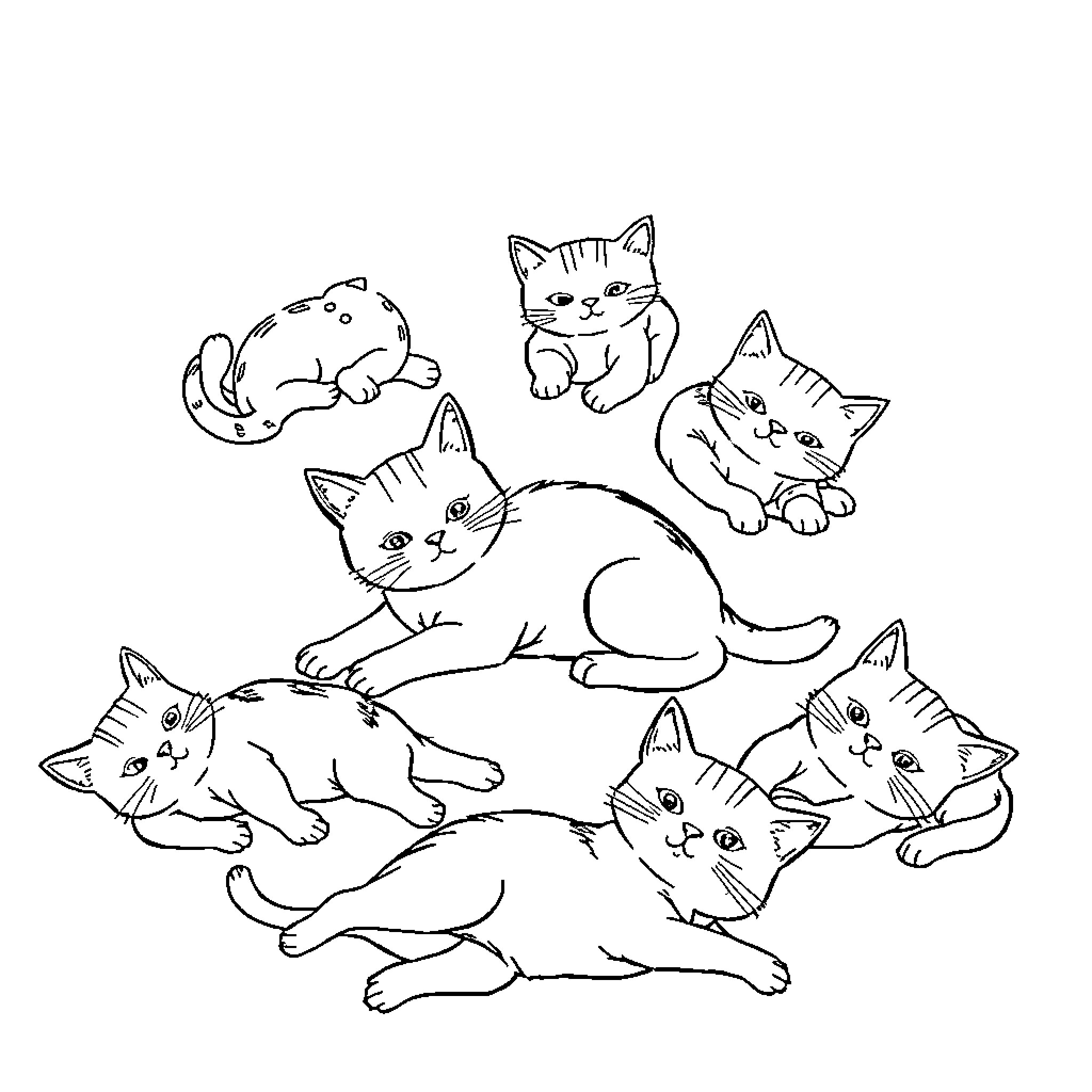 Cats Playing and Cuddling Together Coloring Page (free black-and-white line drawing printable PDF for all, from beginners to advanced learners, including children, teens, adults, and seniors)