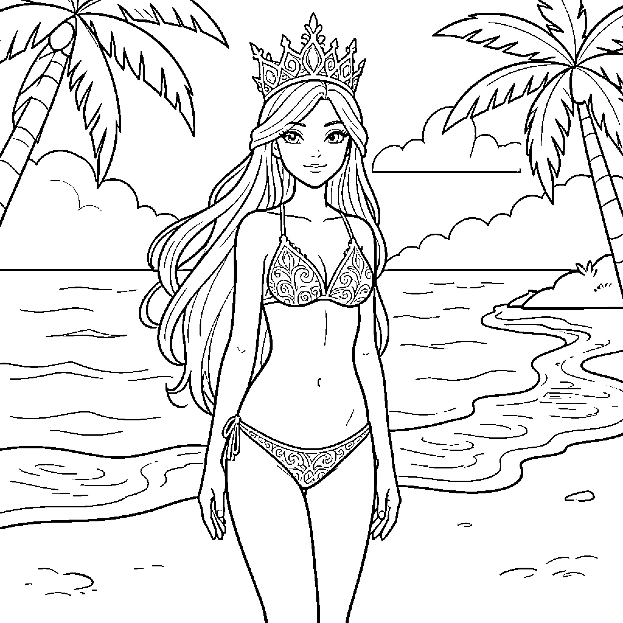Snow Queen standing gracefully on a tropical beach Coloring Page (free black-and-white line drawing printable PDF for all, from beginners to advanced learners, including children, teens, adults, and seniors)