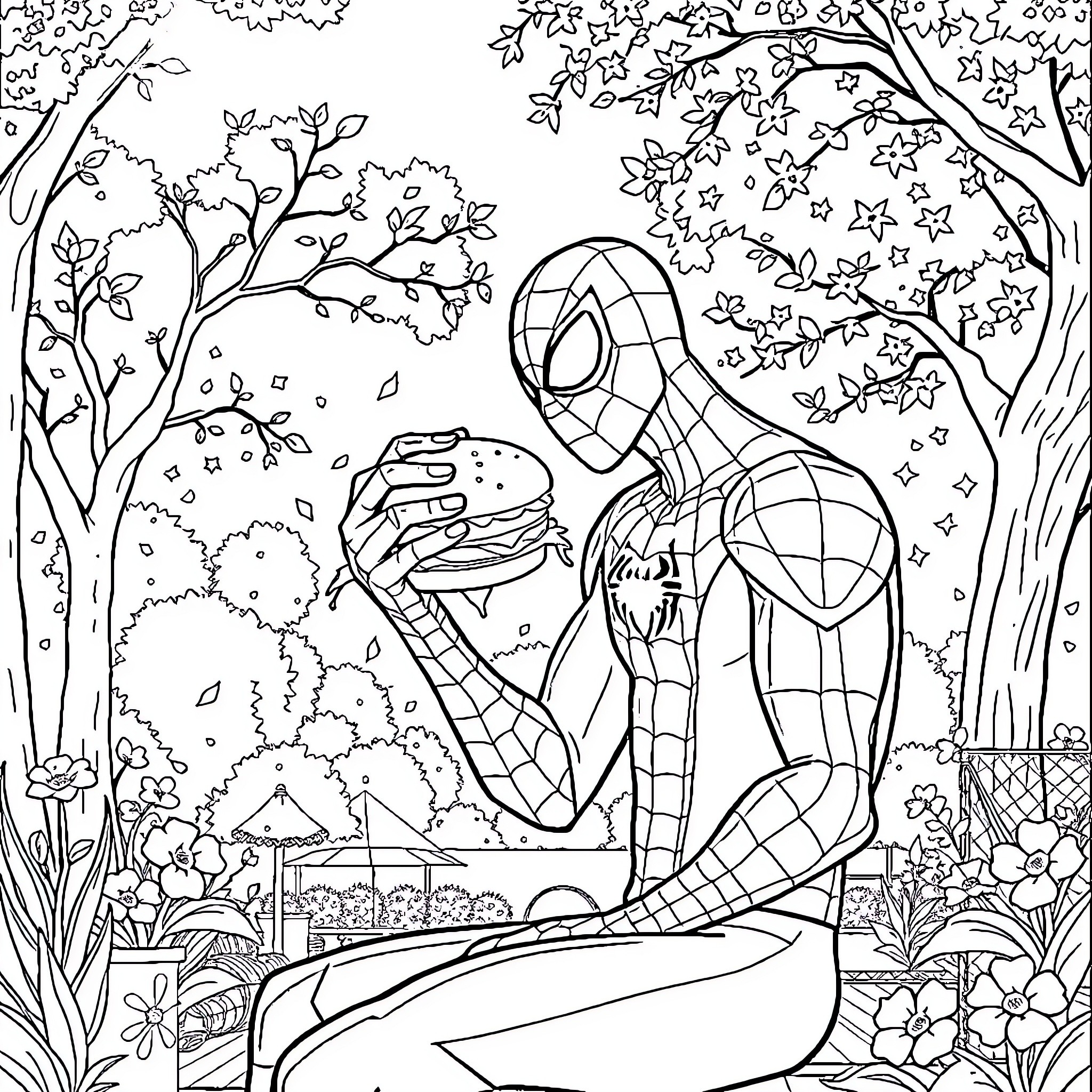 Spidey enjoying a snack in the magical forest Coloring Page (free black-and-white line drawing printable PDF for all, from beginners to advanced learners, including children, teens, adults, and seniors)
