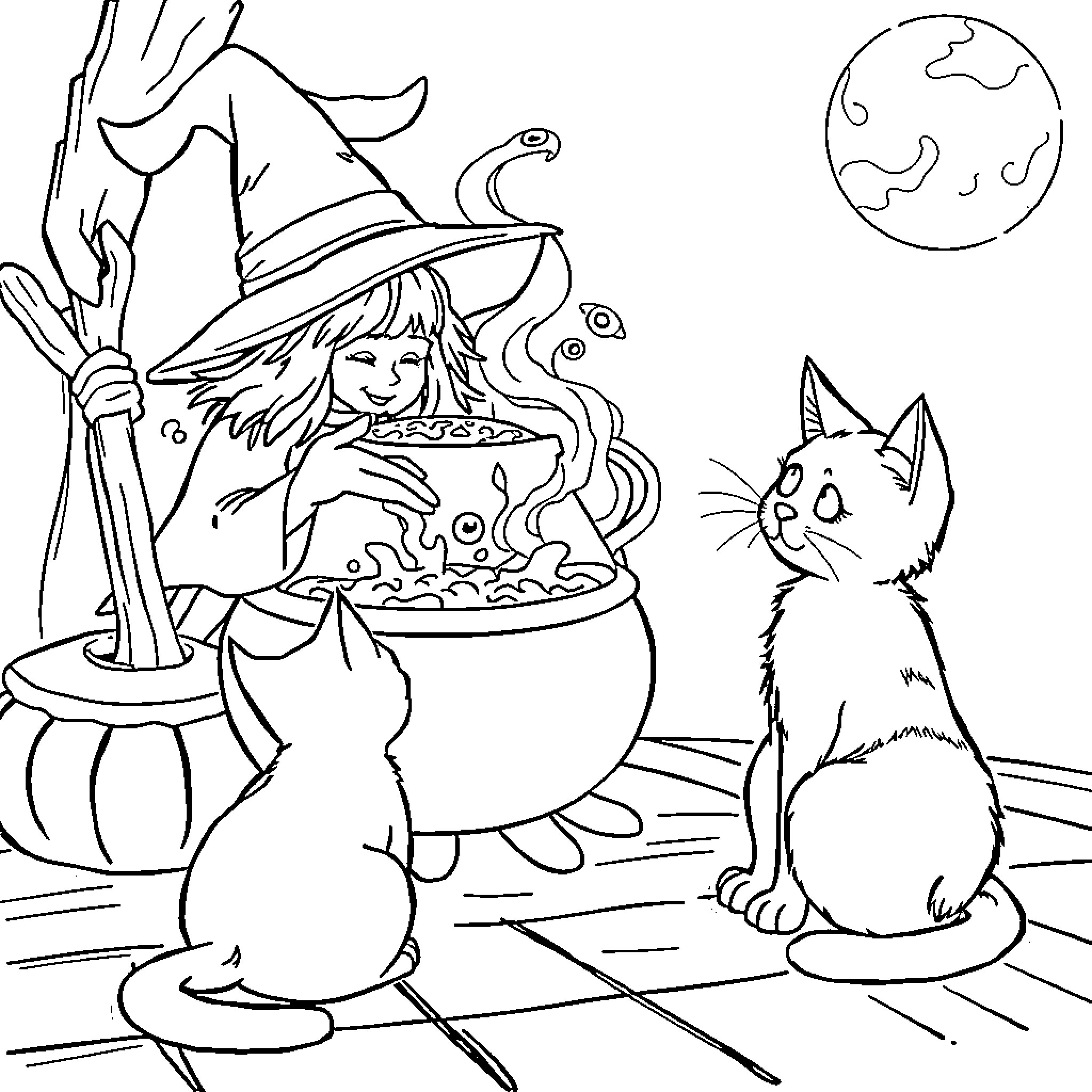 Cat observing witch's cauldron in moonlight Coloring Page (free black-and-white line drawing printable PDF for all, from beginners to advanced learners, including children, teens, adults, and seniors)