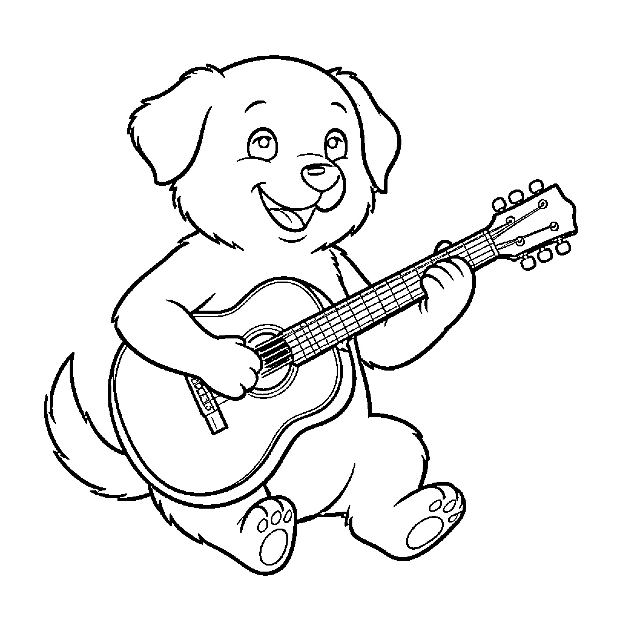 Dog playing guitar happily Coloring Page (free black-and-white line drawing printable PDF for all, from beginners to advanced learners, including children, teens, adults, and seniors)