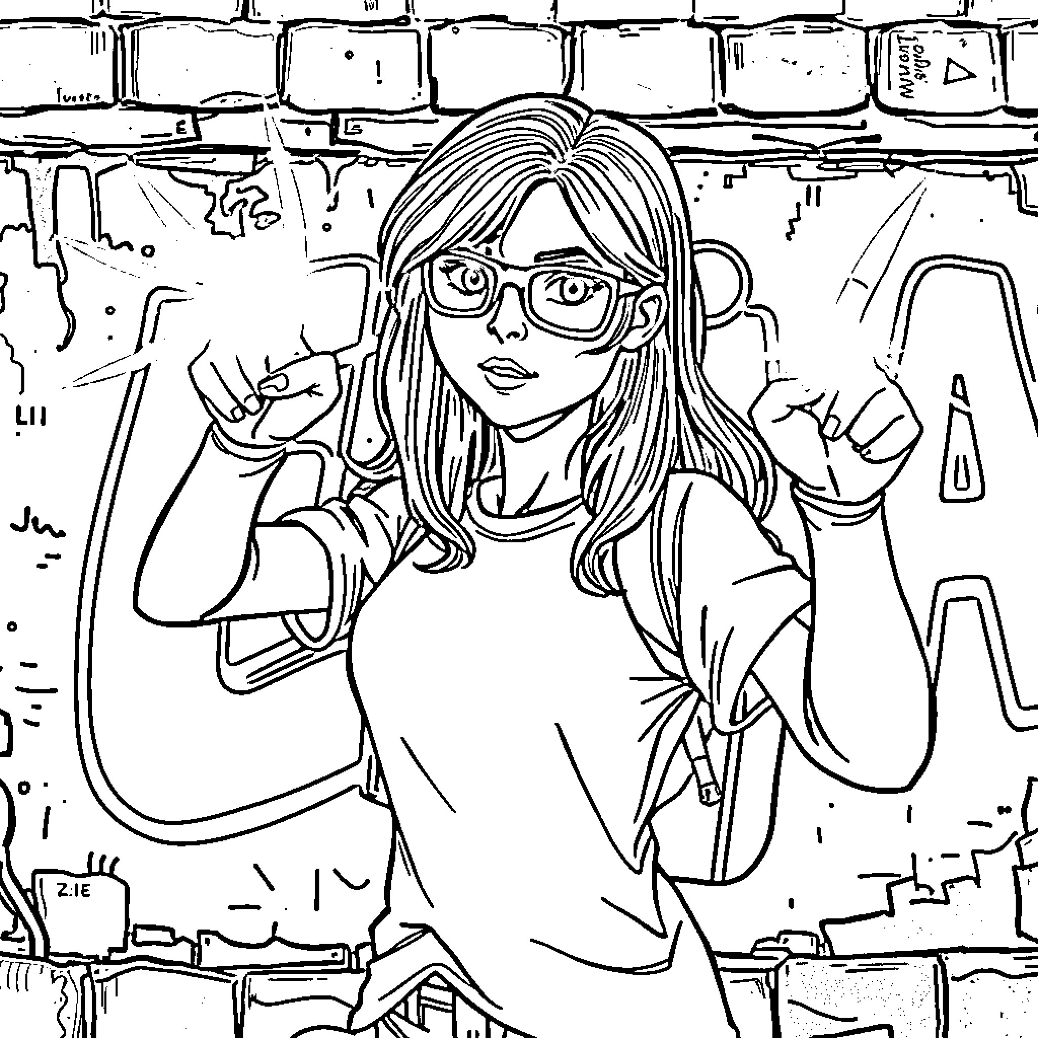 Elina in a creative and expressive pose Coloring Page (free black-and-white line drawing printable PDF for all, from beginners to advanced learners, including children, teens, adults, and seniors)