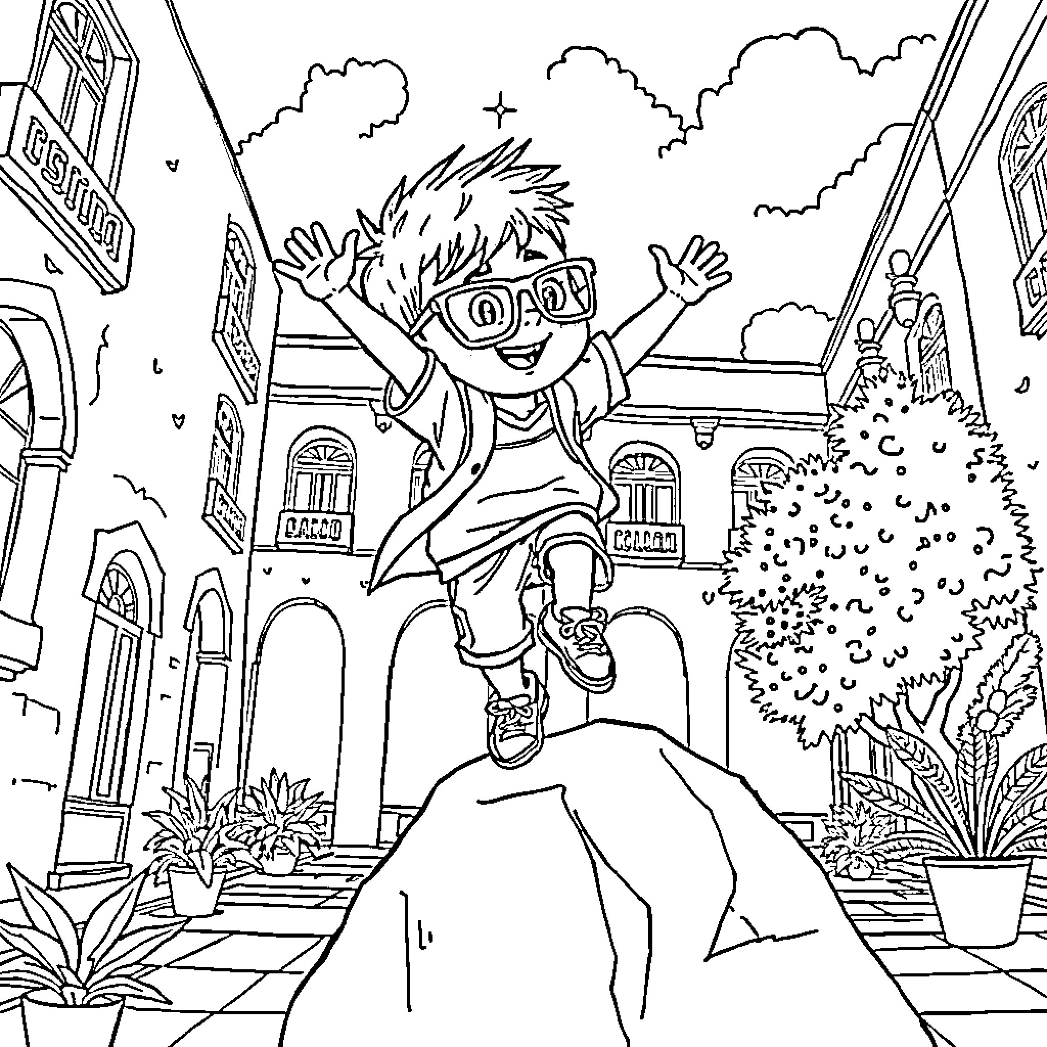 Niño playing and jumping happily in the city Coloring Page (free black-and-white line drawing printable PDF for all, from beginners to advanced learners, including children, teens, adults, and seniors)