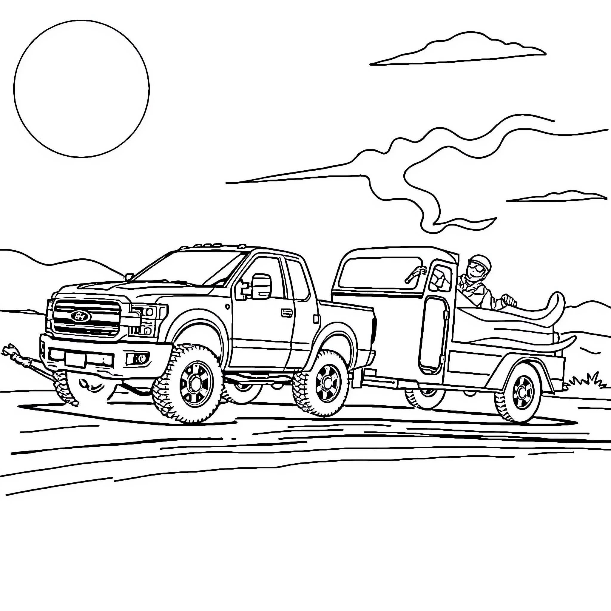 Pick Up Truck Towing Camper Trailer on the Road Coloring Page (free black-and-white line drawing printable PDF for all, from beginners to advanced learners, including children, teens, adults, and seniors)