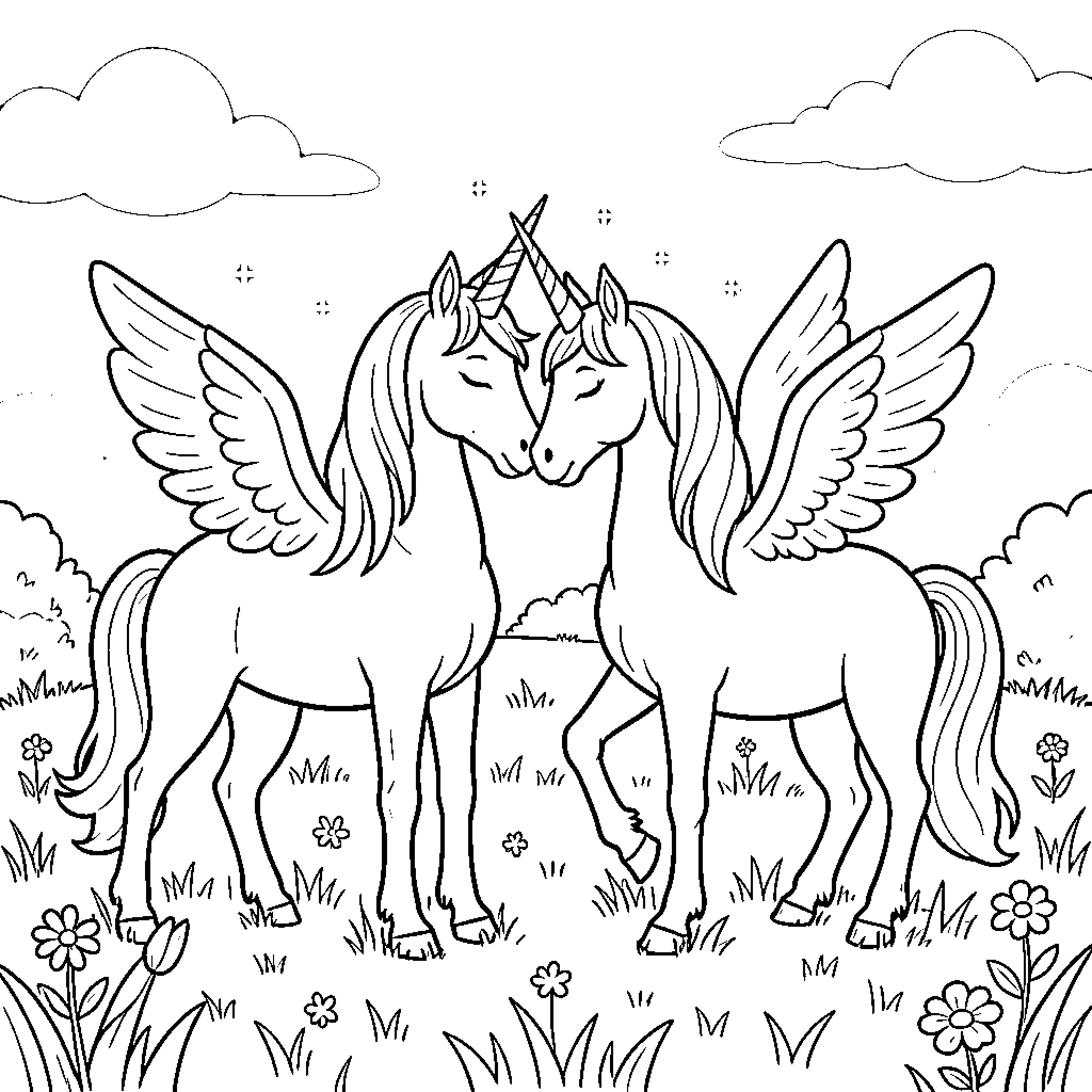 Unicorn Companions in a Magical Meadow Coloring Page (free black-and-white line drawing printable PDF for all, from beginners to advanced learners, including children, teens, adults, and seniors)
