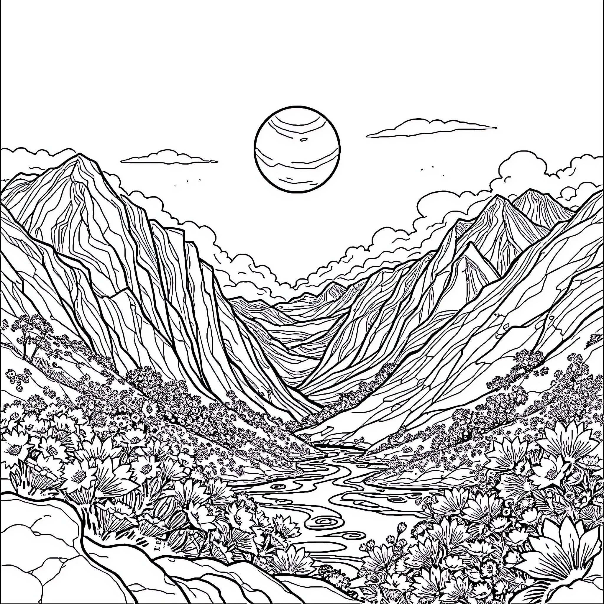 Scenery of majestic mountains and flowing river under a luminous moon Coloring Page (free black-and-white line drawing printable PDF for all, from beginners to advanced learners, including children, teens, adults, and seniors)