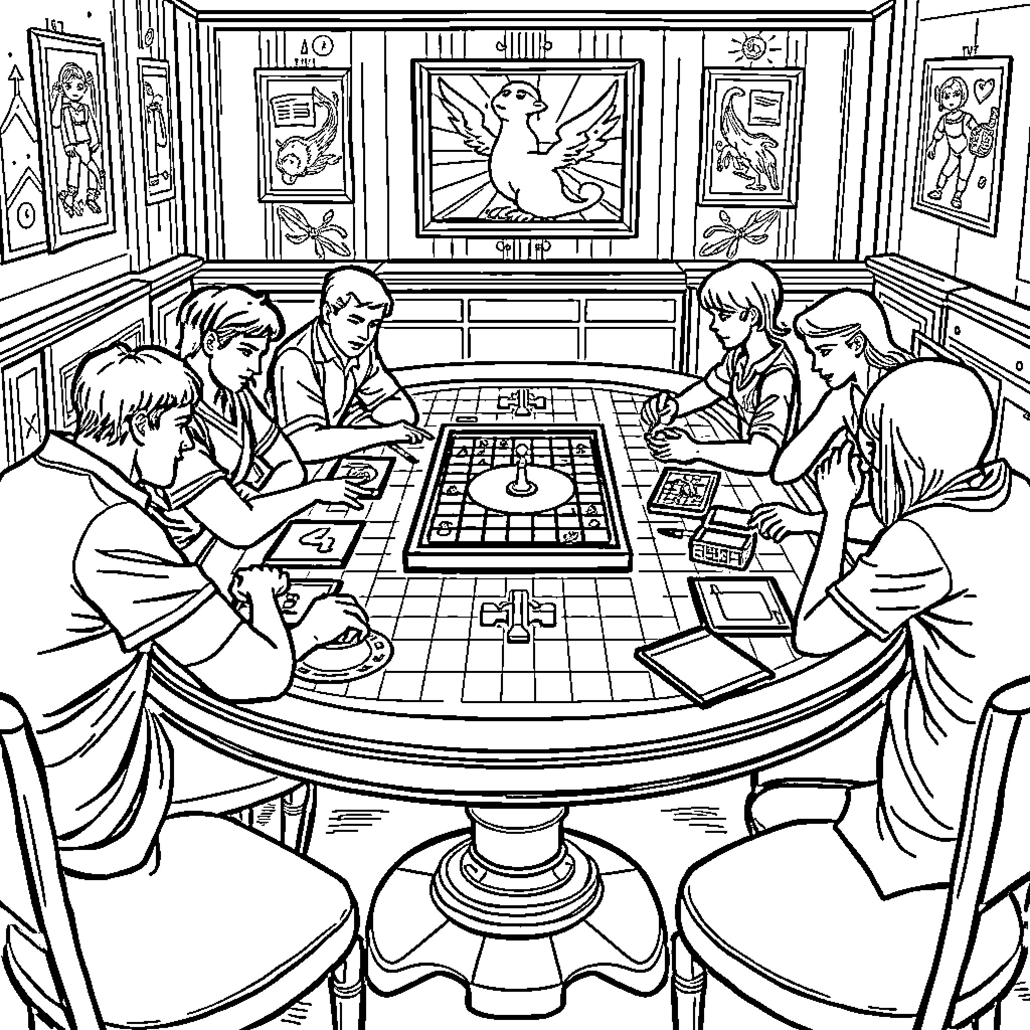 Board Game Night with Friends in a Cozy Room Coloring Page (free black-and-white line drawing printable PDF for all, from beginners to advanced learners, including children, teens, adults, and seniors)