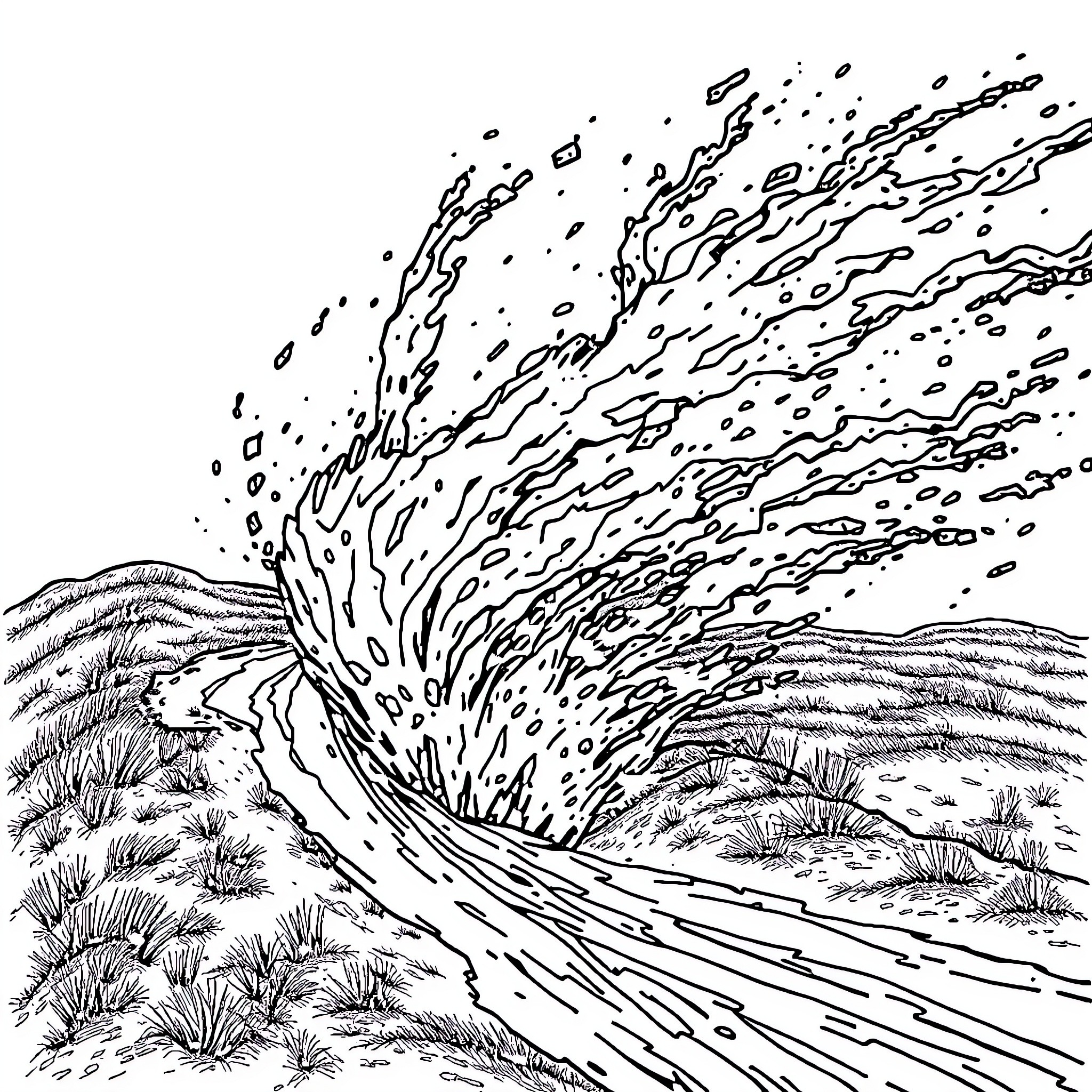 Dirtiness swirling through the desert landscape Coloring Page (free black-and-white line drawing printable PDF for all, from beginners to advanced learners, including children, teens, adults, and seniors)