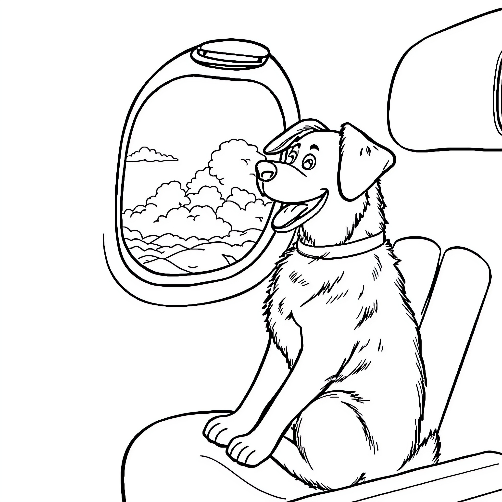 Dog Looking Out Airplane Window Coloring Page (free black-and-white line drawing printable PDF for all, from beginners to advanced learners, including children, teens, adults, and seniors)