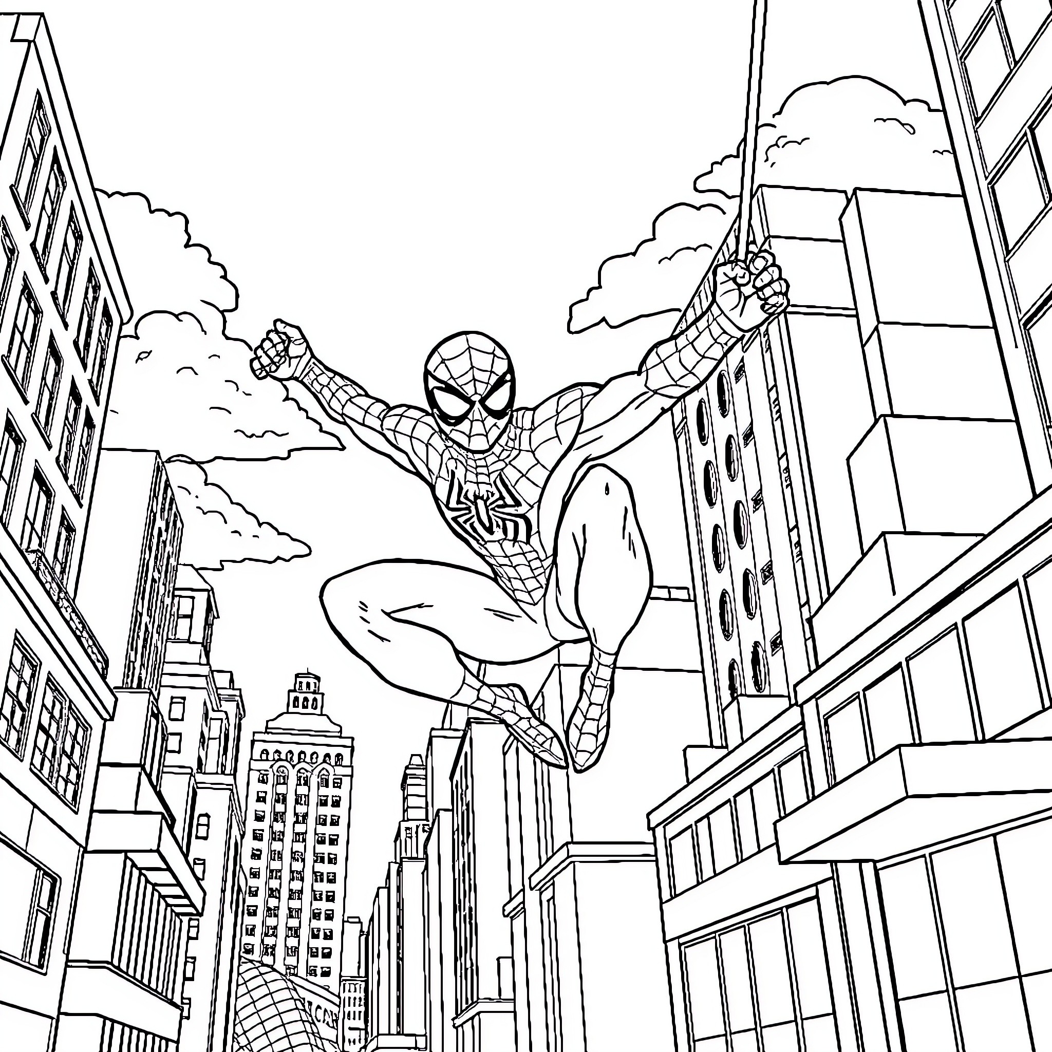 Spider-Man swinging through the city skyline Coloring Page (free black-and-white line drawing printable PDF for all, from beginners to advanced learners, including children, teens, adults, and seniors)