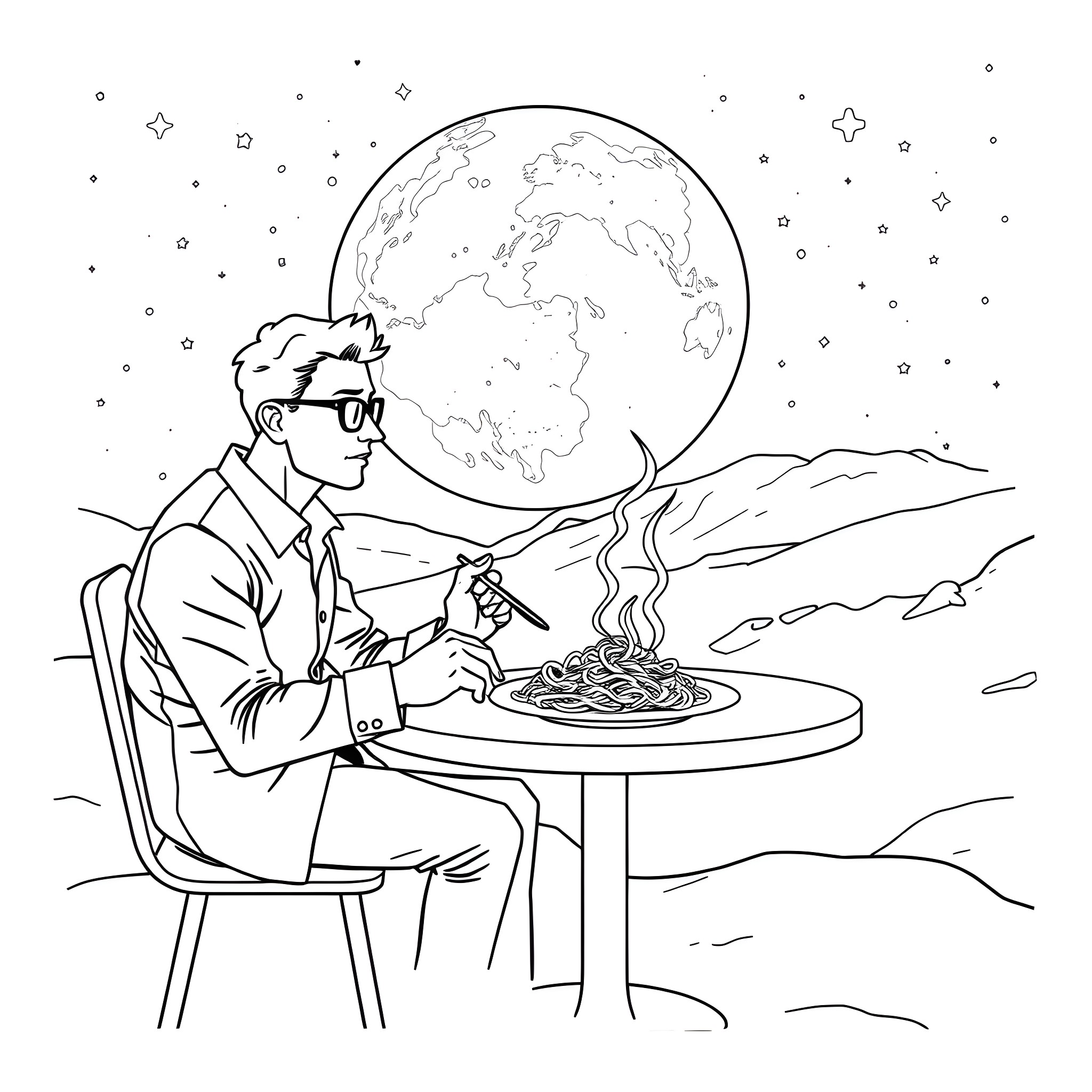 IT Salesman explores the world and enjoys a meal under the stars Coloring Page (free black-and-white line drawing printable PDF for all, from beginners to advanced learners, including children, teens, adults, and seniors)
