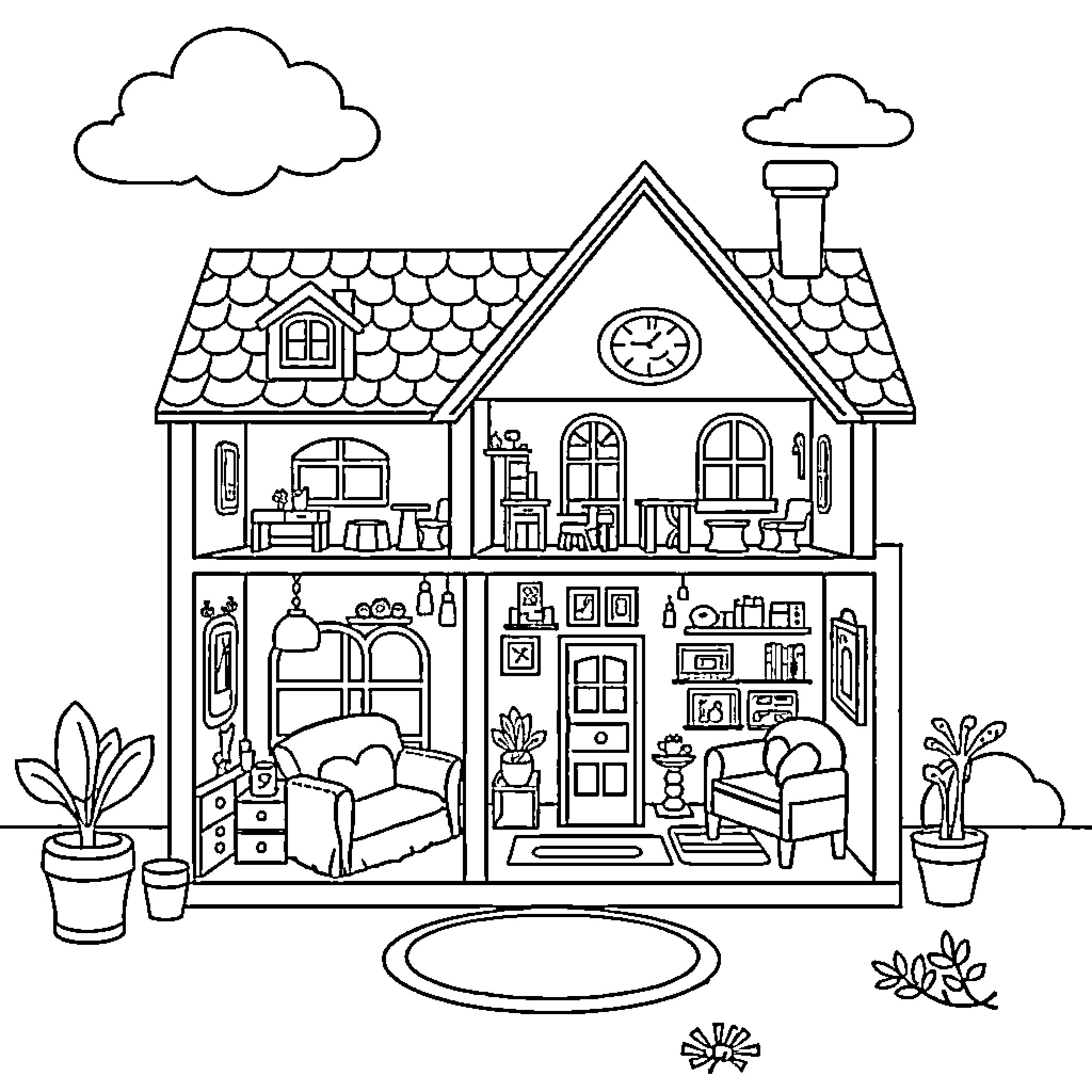 Gabby's Cozy Home with Furnishings Coloring Page (free black-and-white line drawing printable PDF for all, from beginners to advanced learners, including children, teens, adults, and seniors)