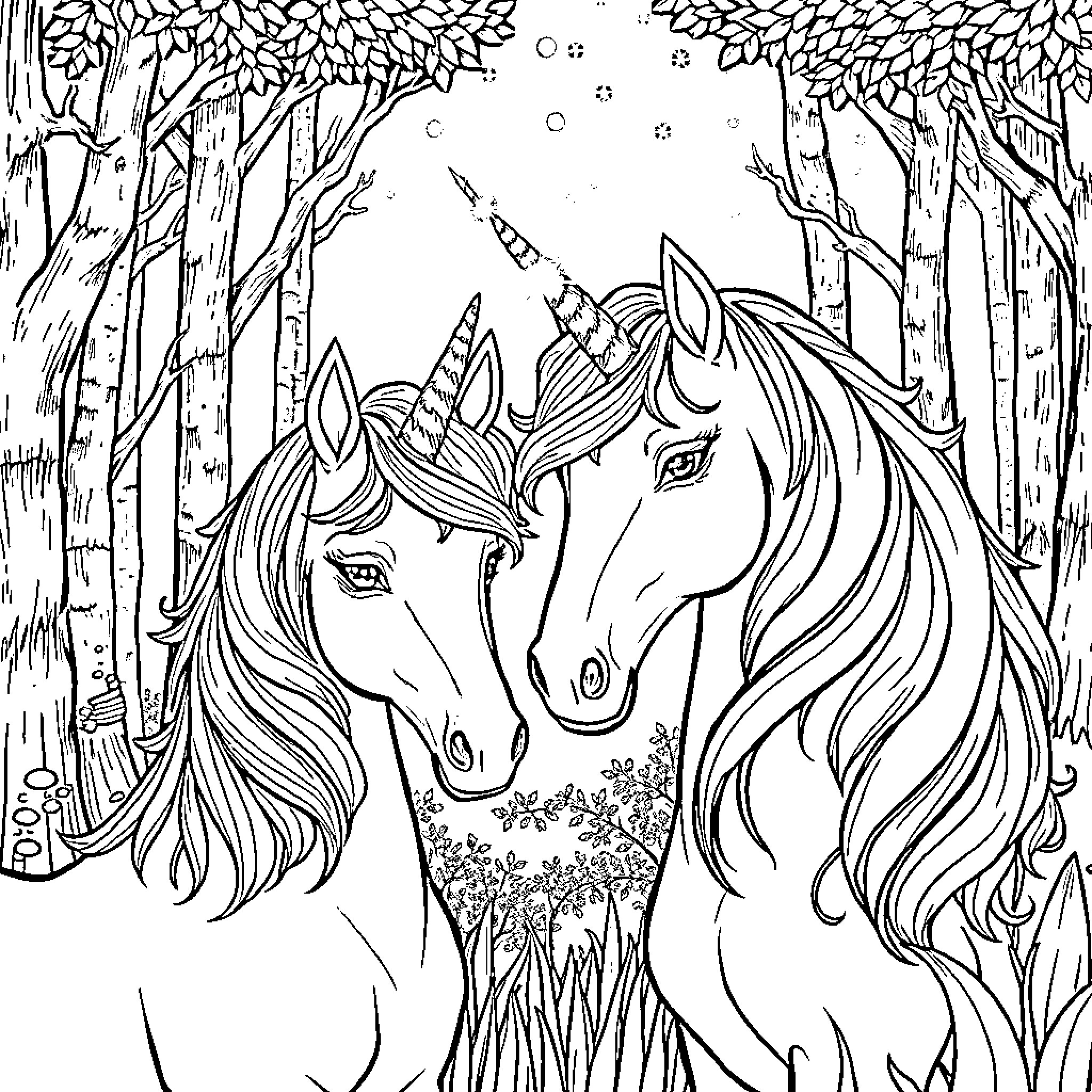 Unicorn companions in the magical forest Coloring Page (free black-and-white line drawing printable PDF for all, from beginners to advanced learners, including children, teens, adults, and seniors)