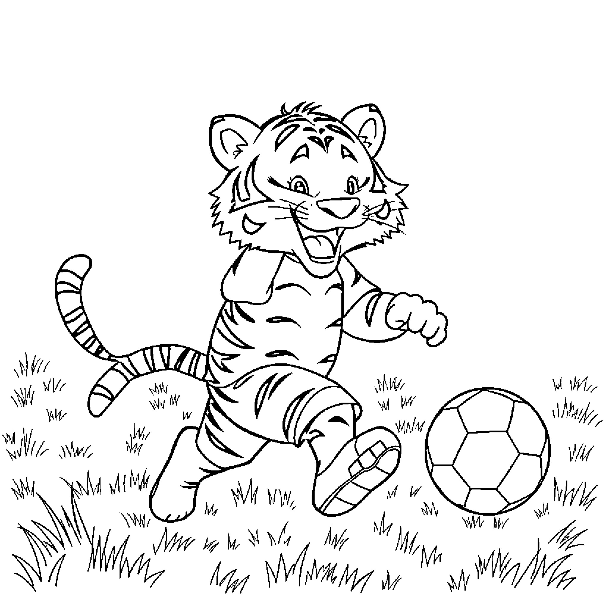 Tiger playing with soccer ball in the field Coloring Page (free black-and-white line drawing printable PDF for all, from beginners to advanced learners, including children, teens, adults, and seniors)