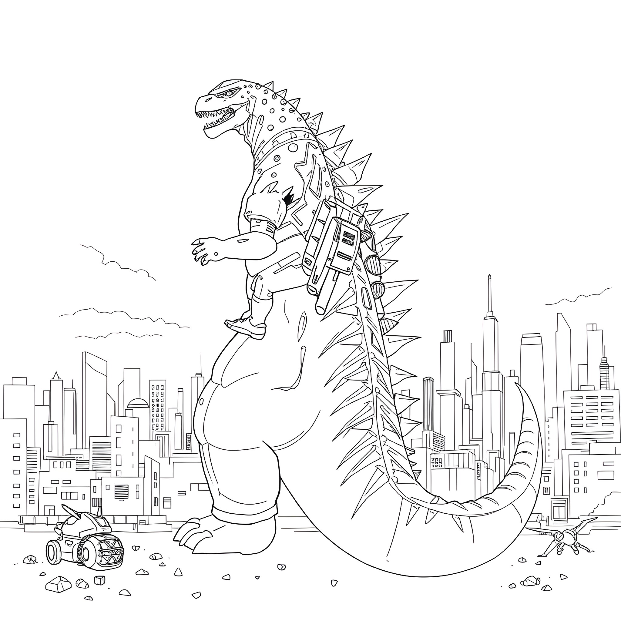 Godzilla rampaging through the city skyline Coloring Page (free black-and-white line drawing printable PDF for all, from beginners to advanced learners, including children, teens, adults, and seniors)