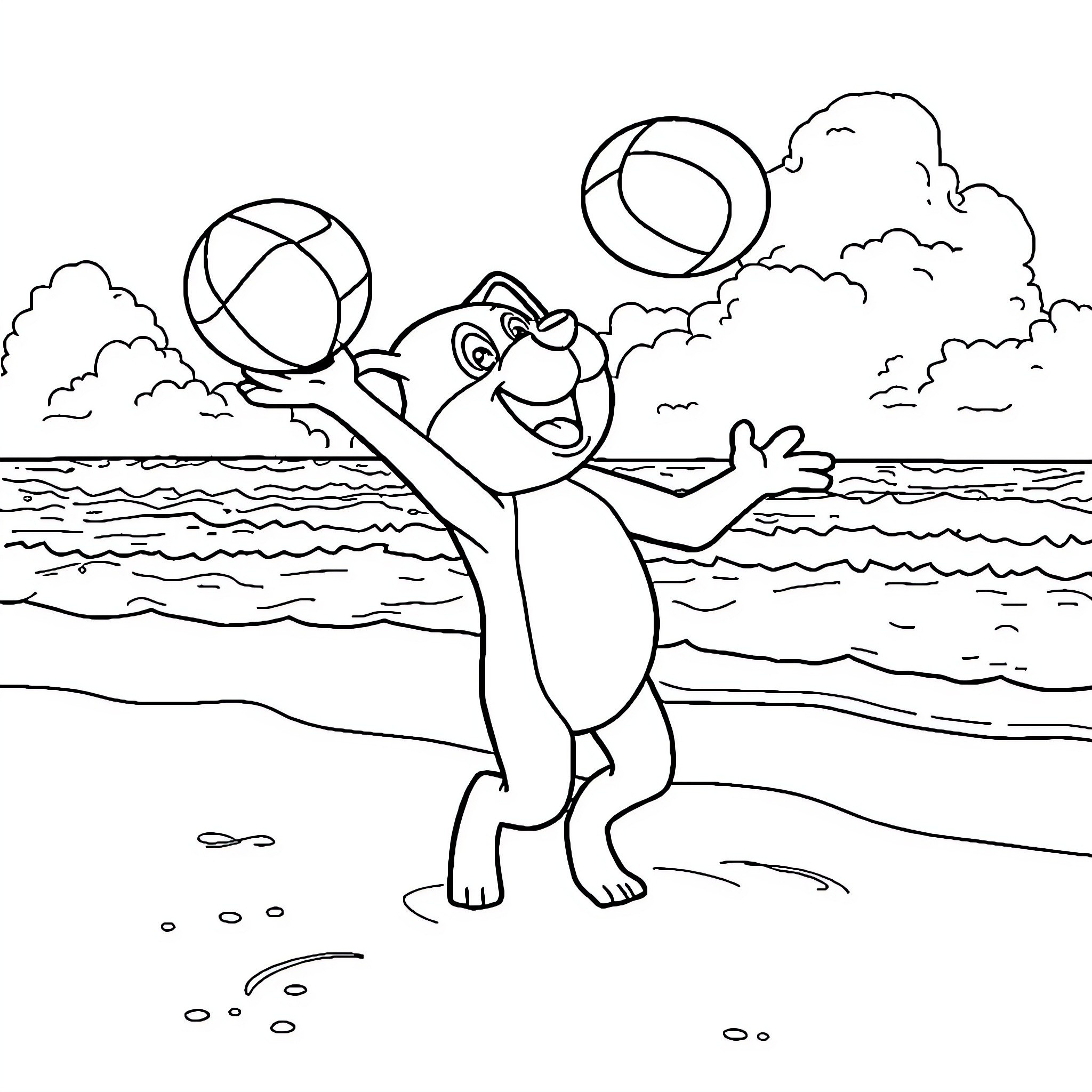Labubu playing joyfully with beach balls near the sea Coloring Page (free black-and-white line drawing printable PDF for all, from beginners to advanced learners, including children, teens, adults, and seniors)
