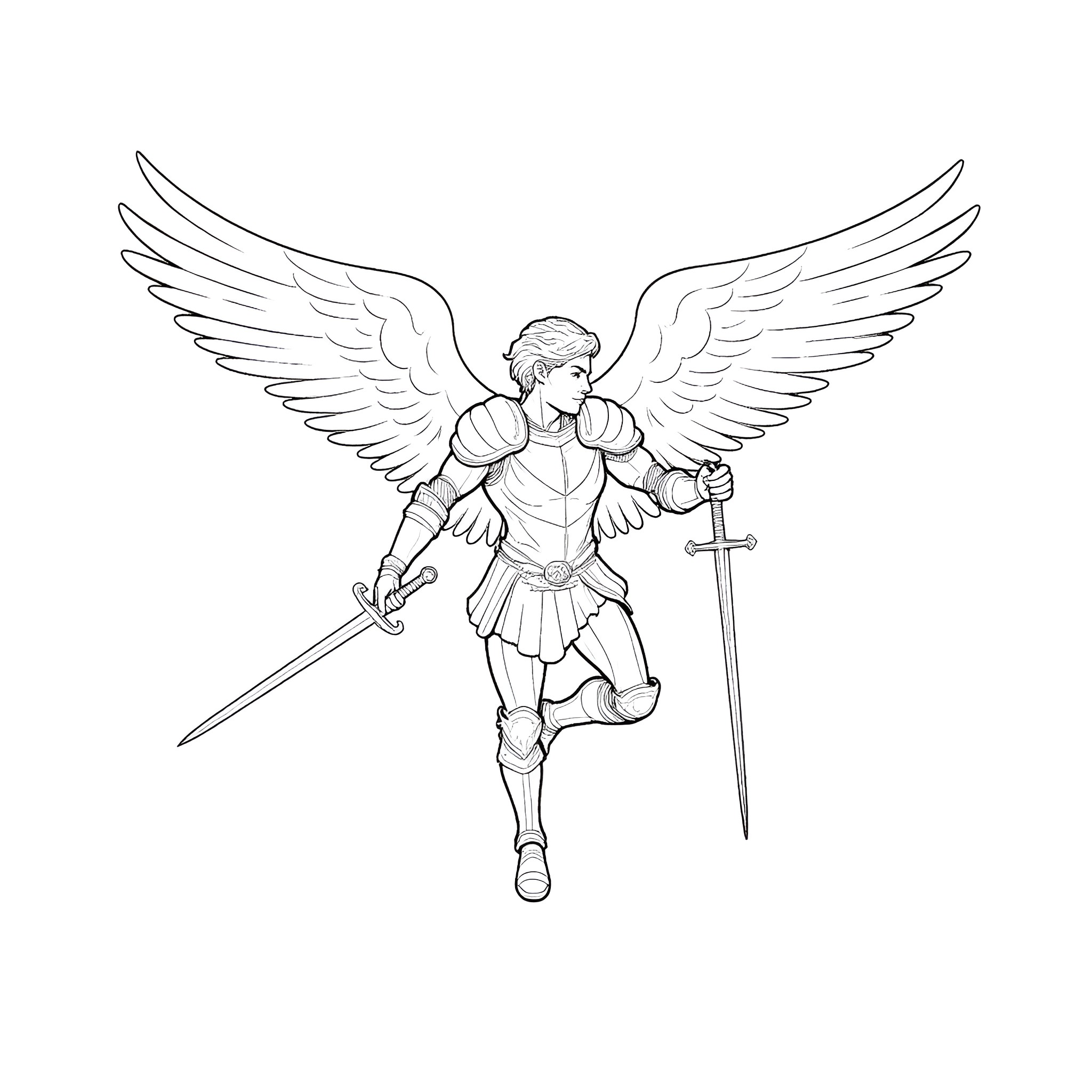 Archangel in Warrior Pose Wielding a Sword Coloring Page (free black-and-white line drawing printable PDF for all, from beginners to advanced learners, including children, teens, adults, and seniors)