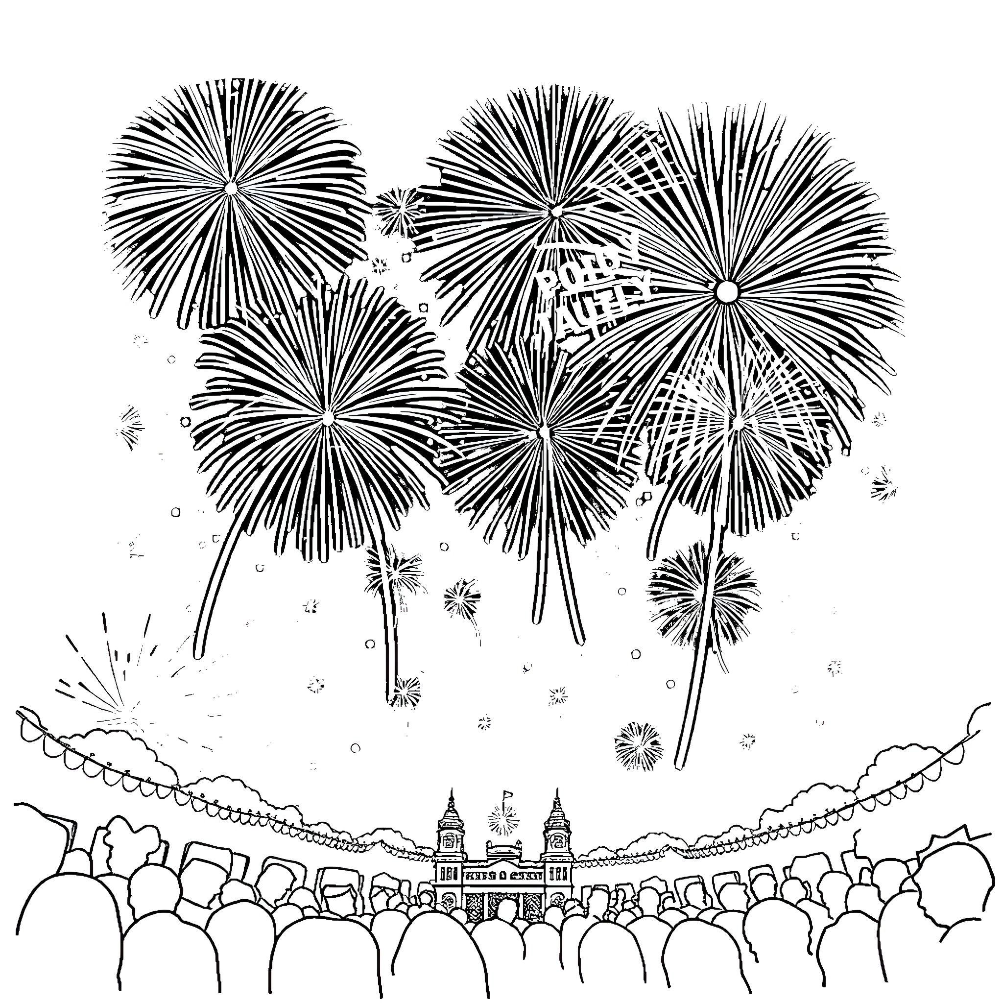 Fourth of July fireworks display over crowd Coloring Page (free black-and-white line drawing printable PDF for all, from beginners to advanced learners, including children, teens, adults, and seniors)