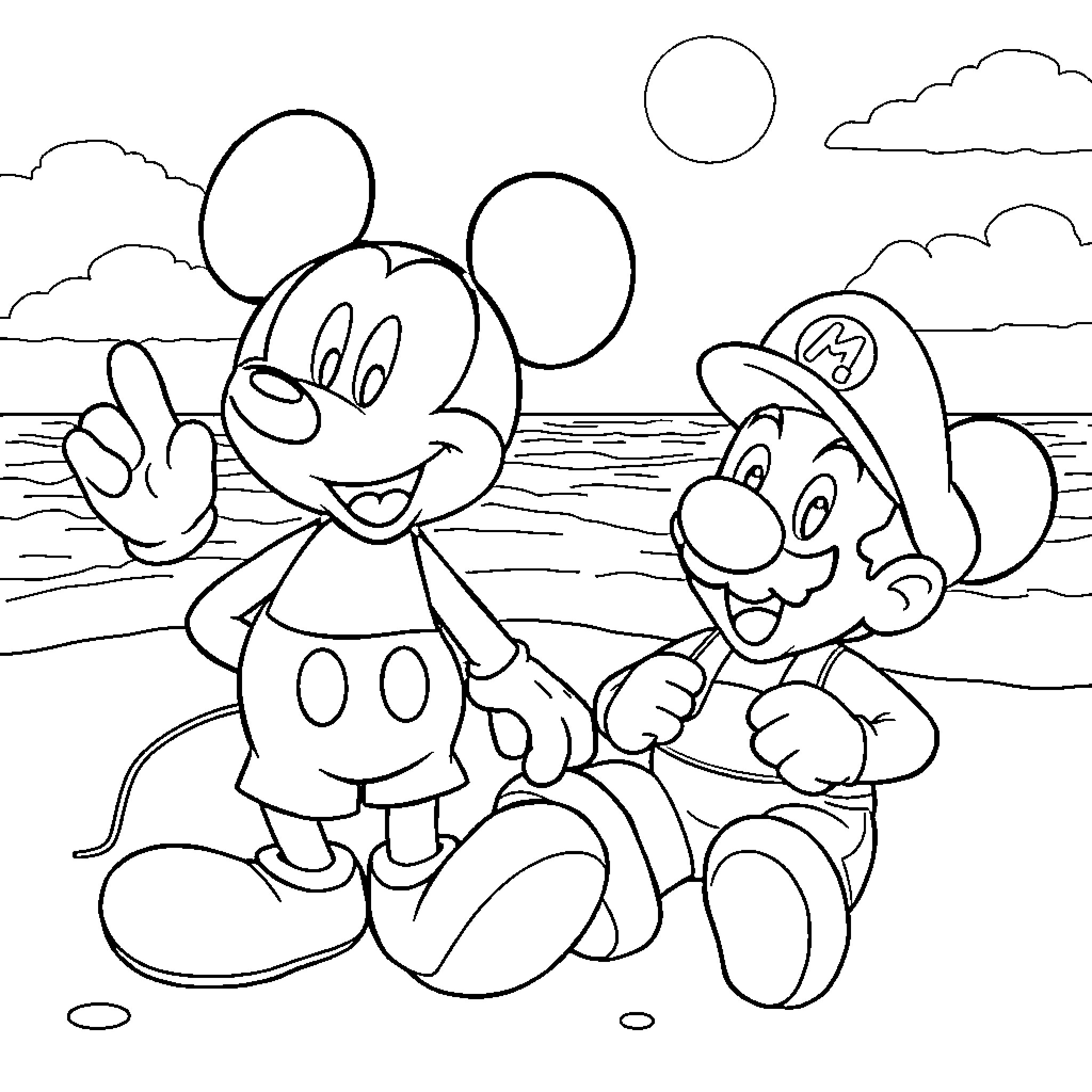 Mickey Mouse and Mario enjoying the beach scene Coloring Page (free black-and-white line drawing printable PDF for all, from beginners to advanced learners, including children, teens, adults, and seniors)