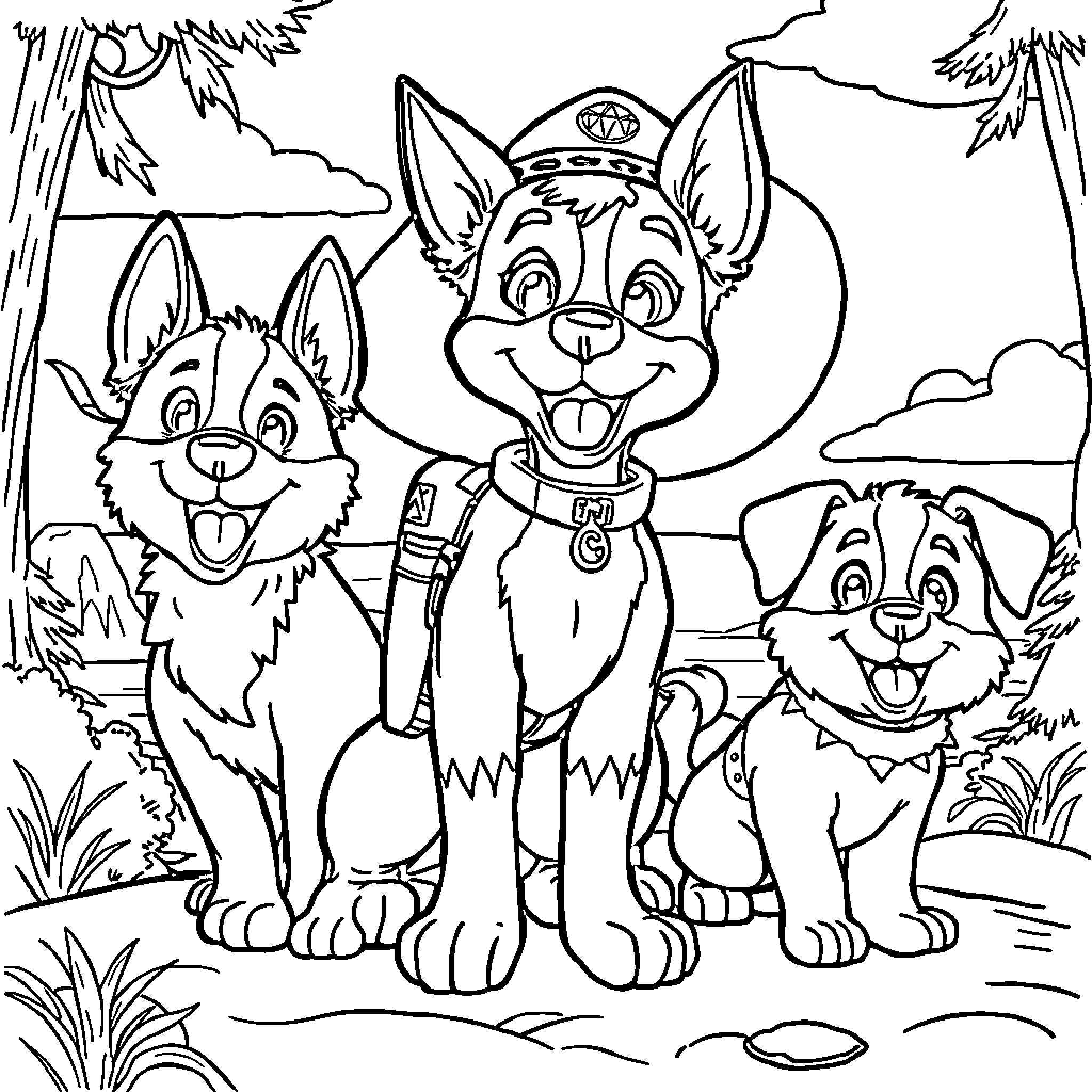 Paw Patrol characters in the forest Coloring Page (free black-and-white line drawing printable PDF for all, from beginners to advanced learners, including children, teens, adults, and seniors)