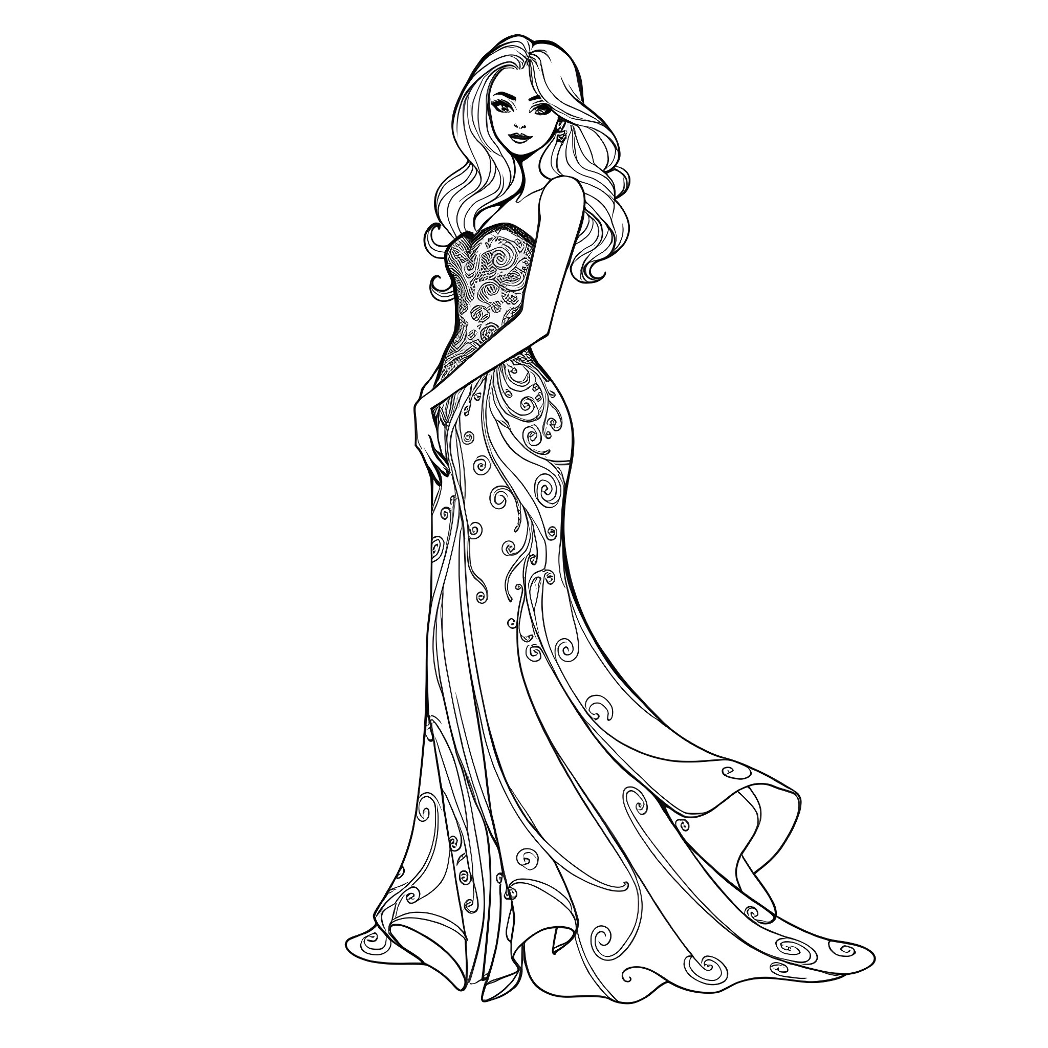 Woman in elegant gown with flowing dress Coloring Page (free black-and-white line drawing printable PDF for all, from beginners to advanced learners, including children, teens, adults, and seniors)