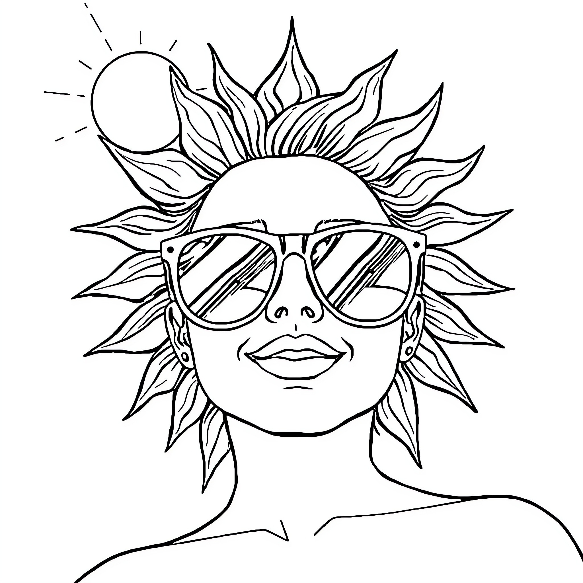 Sun-Shaped Face with Sunglasses Coloring Page (free black-and-white line drawing printable PDF for all, from beginners to advanced learners, including children, teens, adults, and seniors)