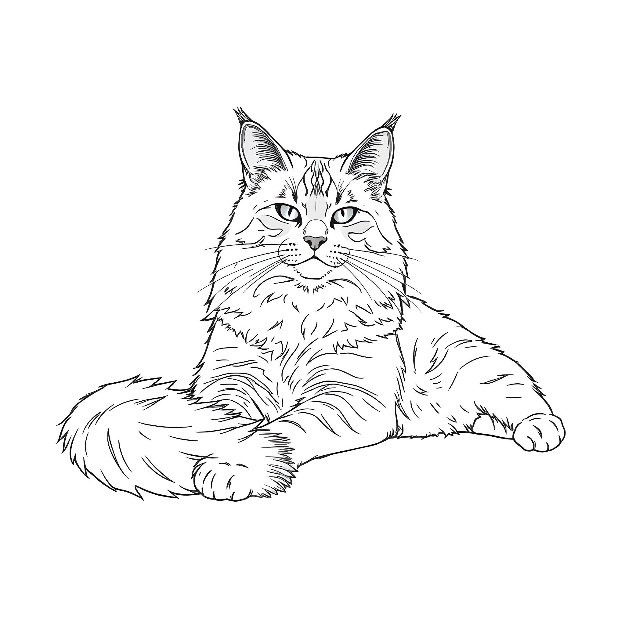 Maine Coon Cat relaxing on the floor Coloring Page (free black-and-white line drawing printable PDF for all, from beginners to advanced learners, including children, teens, adults, and seniors)